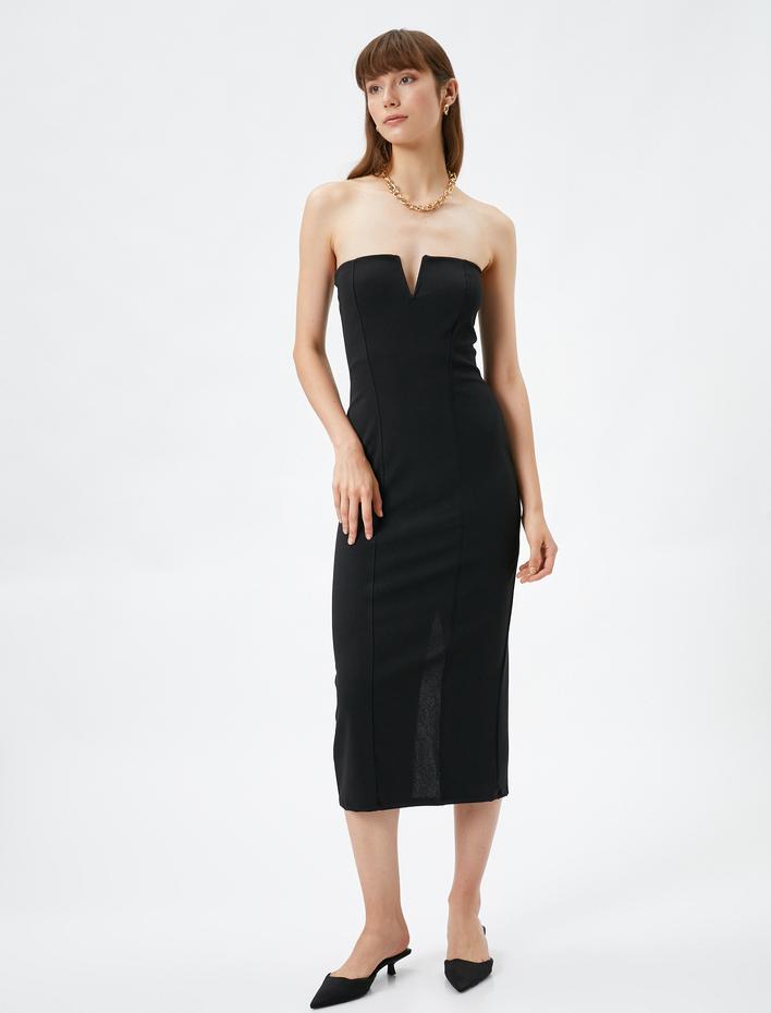  Straplez Elbise Midi Boy V Pencere Detaylı Dar Kesim