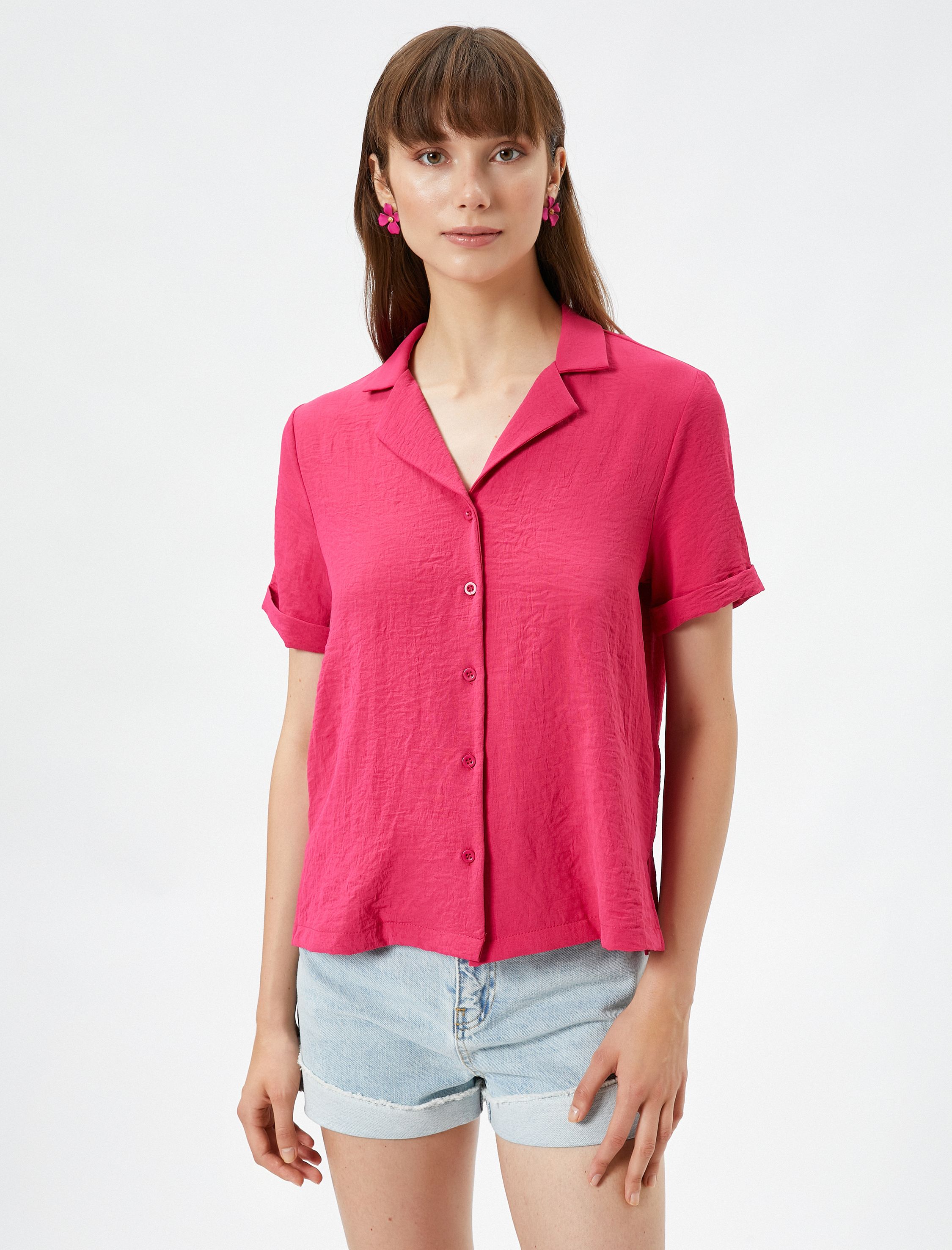   Kısa Kollu Gömlek Dokulu Düğmeli Cep Detaylı