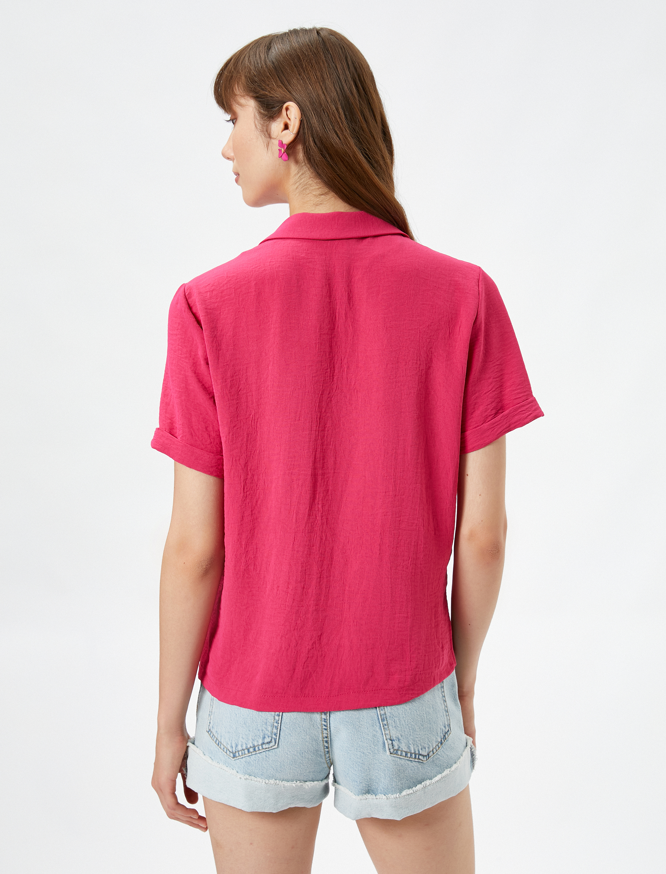   Kısa Kollu Gömlek Dokulu Düğmeli Cep Detaylı