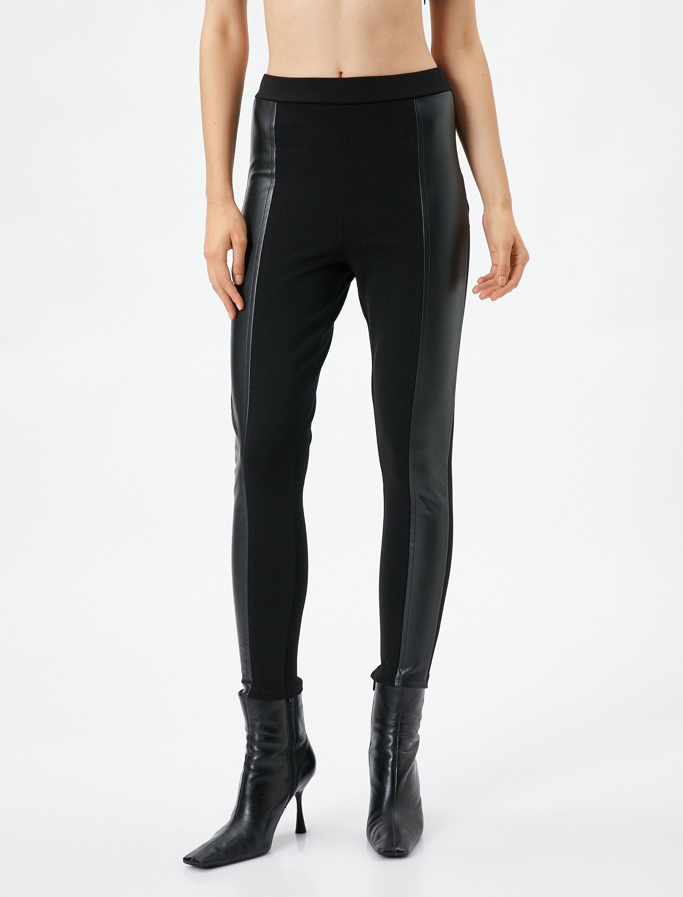   Basic Tayt Suni Deri Şerit Detaylı Normal Bel