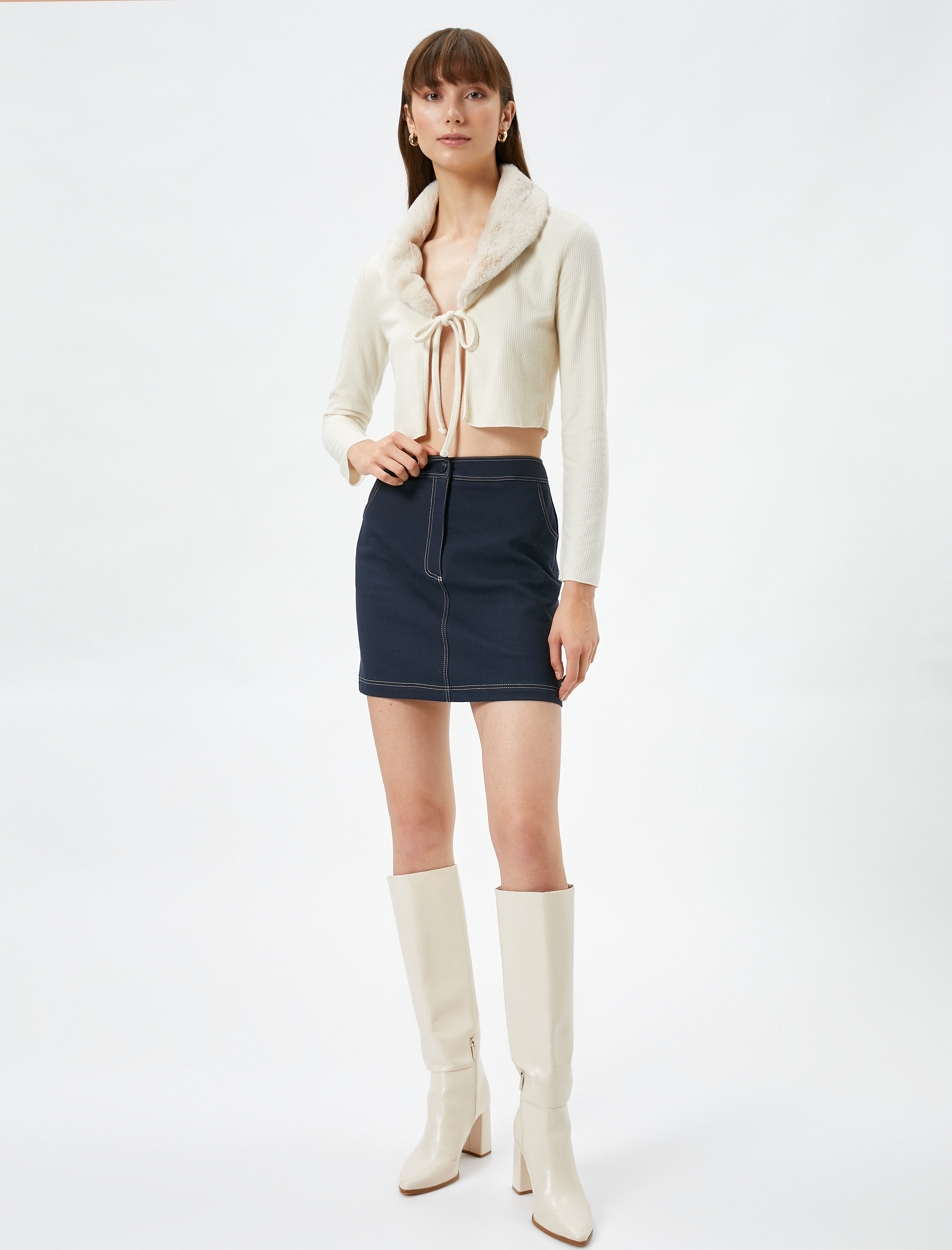   Mini Etek Kot Görünümlü Cep Detaylı Düğmeli Fermuarlı