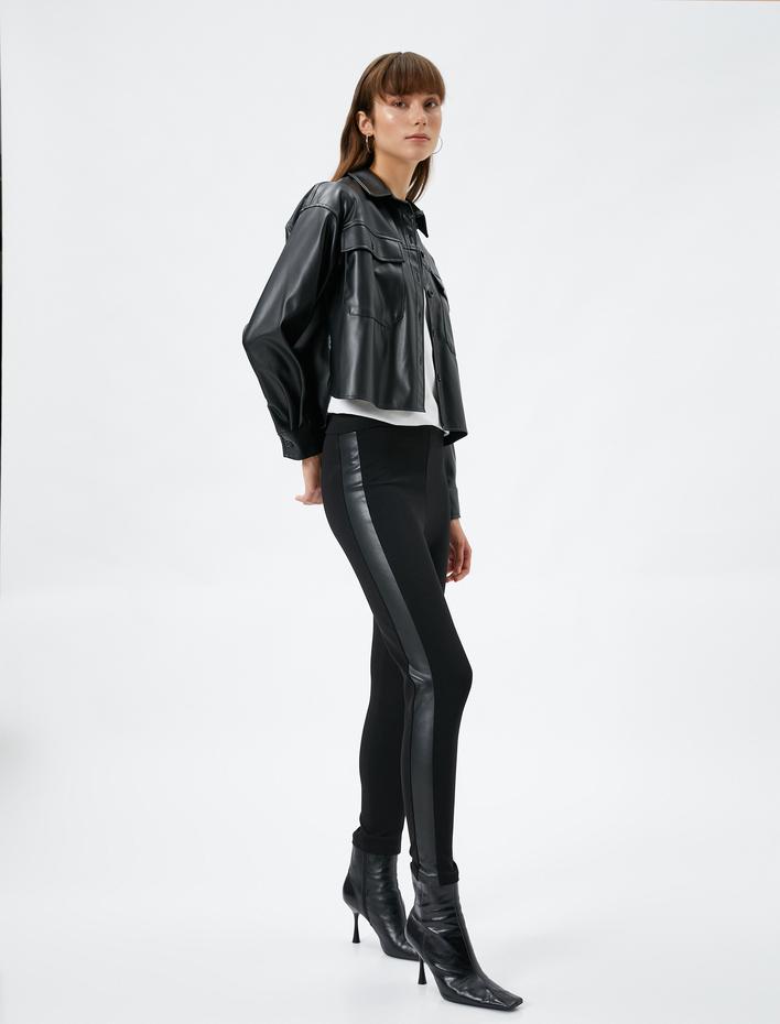  Basic Tayt Suni Deri Şerit Detaylı Normal Bel