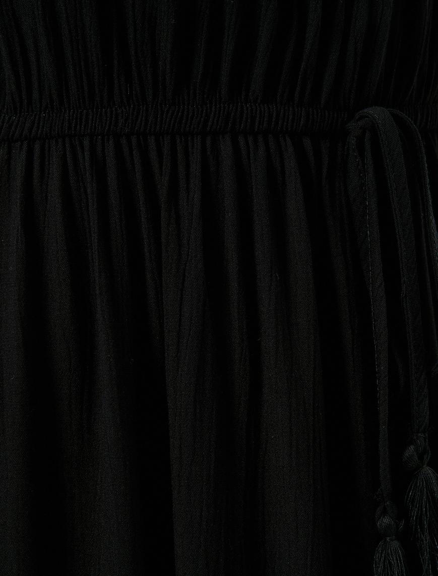   Midi Elbise Omzu Açık Fırfırlı Beli Püskül Detaylı