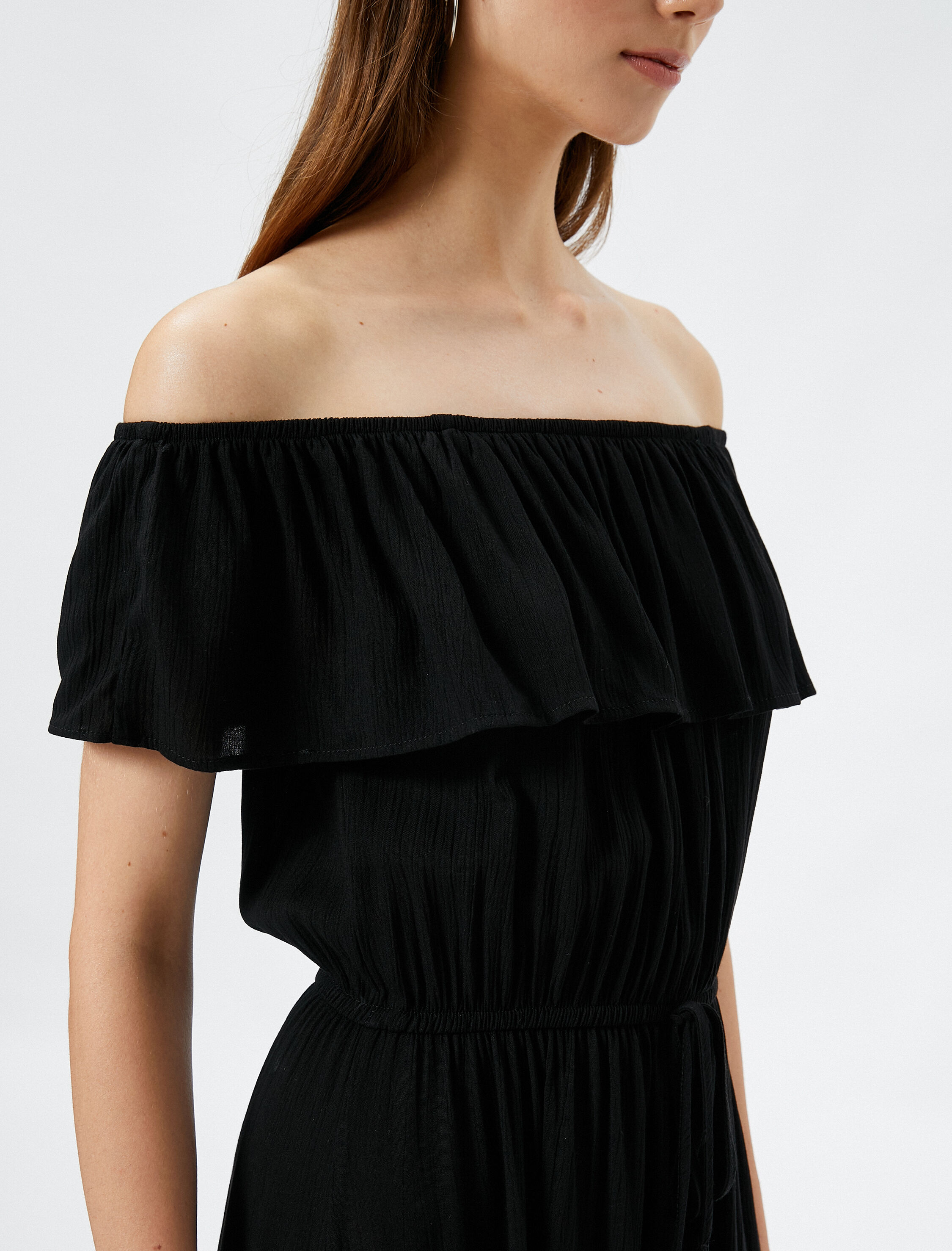   Midi Boy Fırfırlı Elbise Omzu Açık Beli Püskül Detaylı