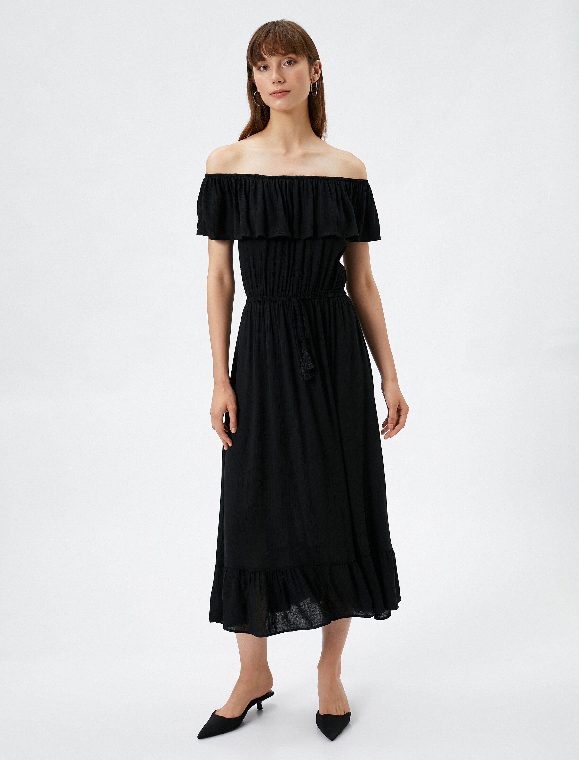   Midi Boy Fırfırlı Elbise Omzu Açık Beli Püskül Detaylı