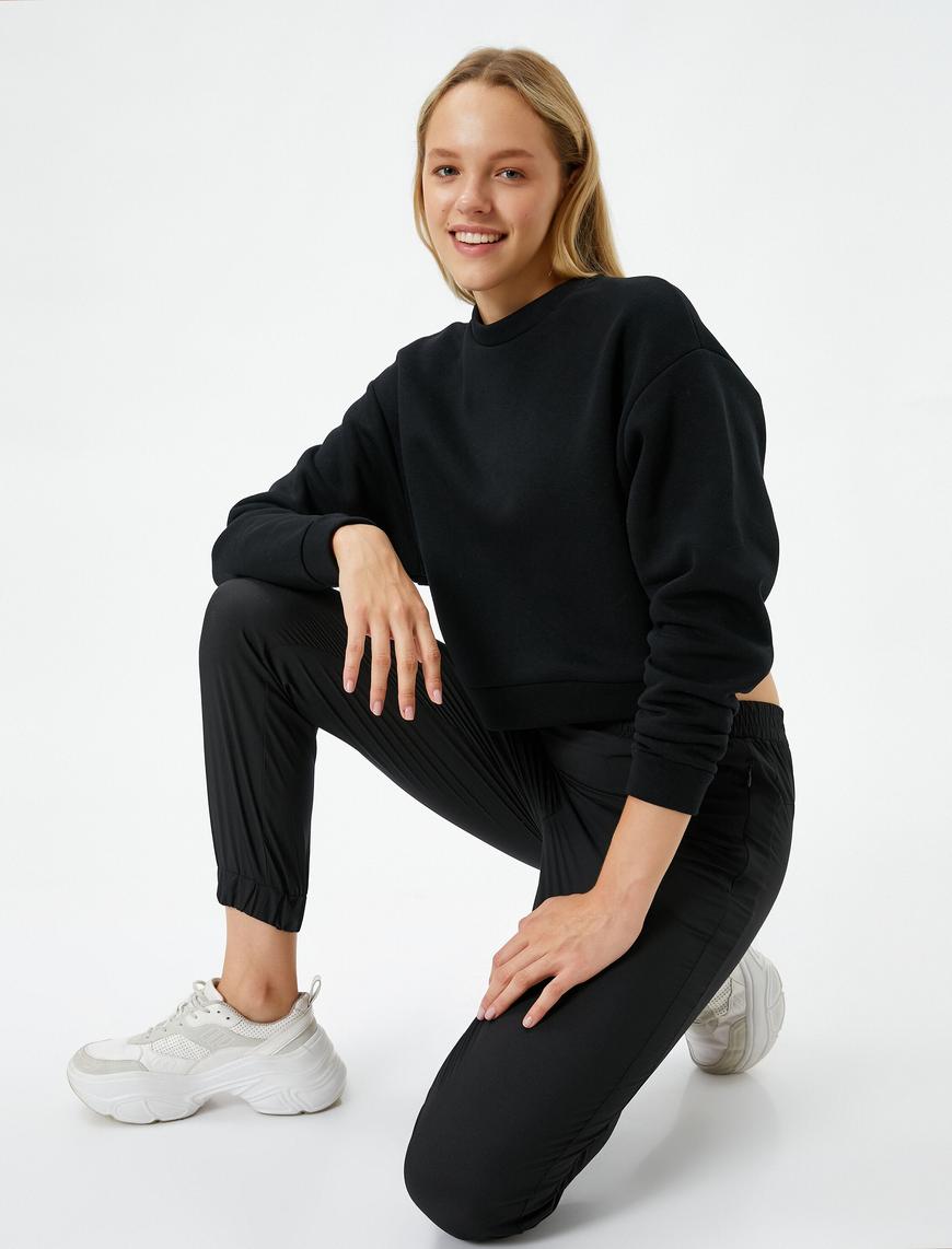   Spor Sweatshirt Şardonlu Bisiklet Yaka Uzun Kollu Ribanalı