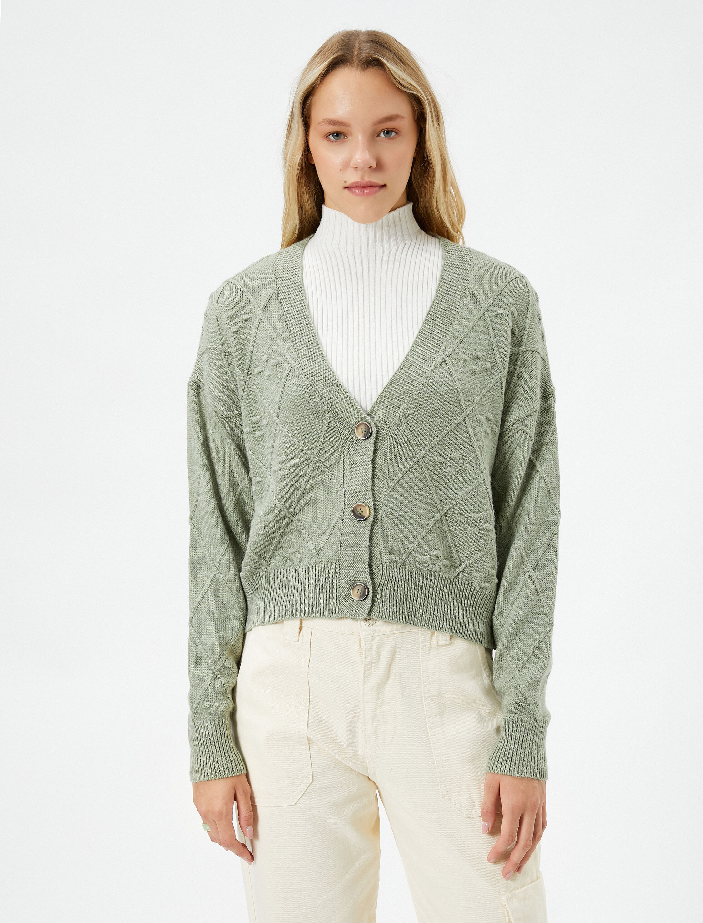   Triko Hırka Düğmeli Dokulu V Yaka Uzun Kollu