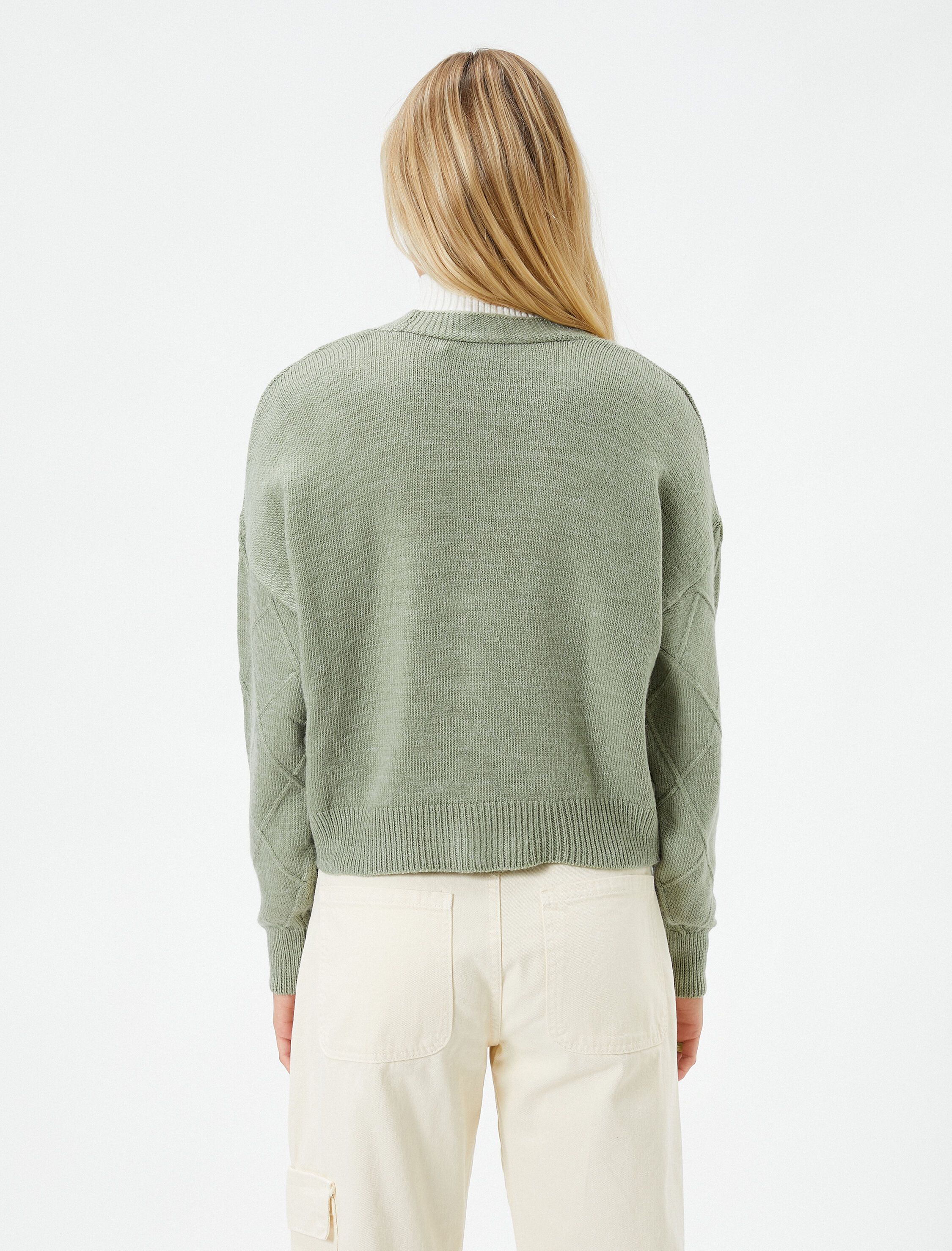   Triko Hırka Düğmeli Dokulu V Yaka Uzun Kollu