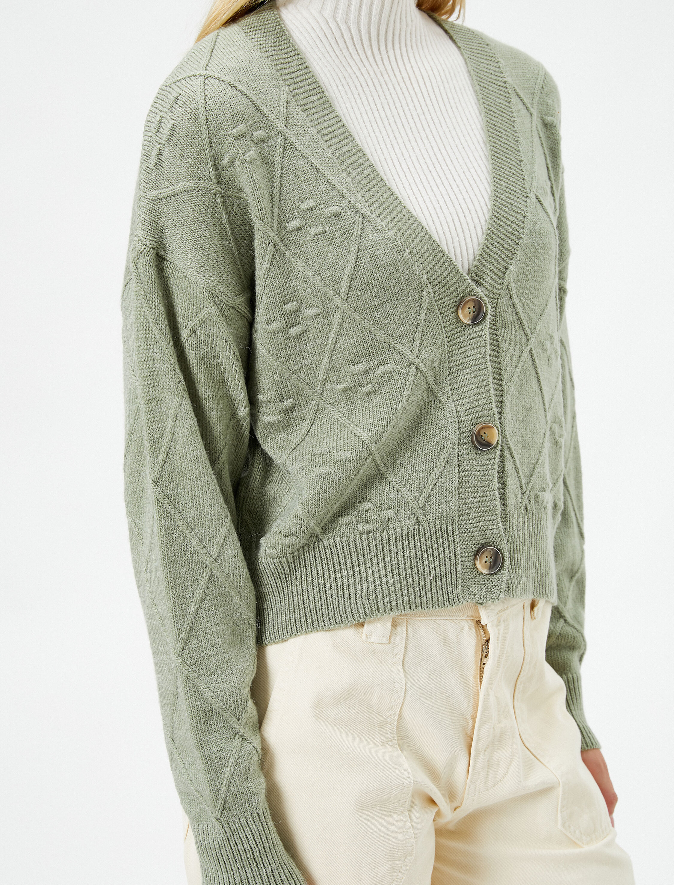   Triko Hırka Düğmeli Dokulu V Yaka Uzun Kollu