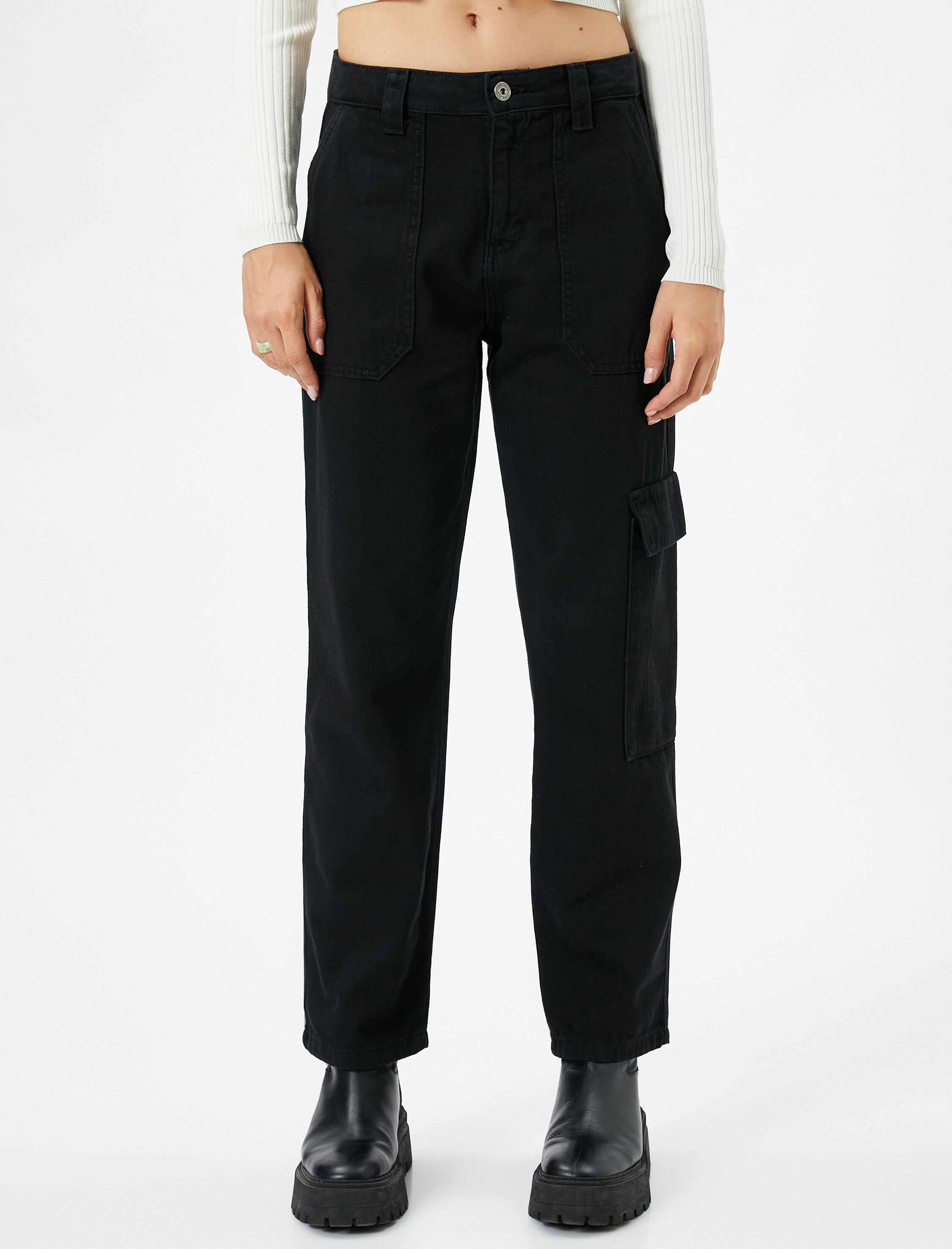 Kargo Pantolon Düz Paça Cep Detaylı Düğmeli Pamuklu