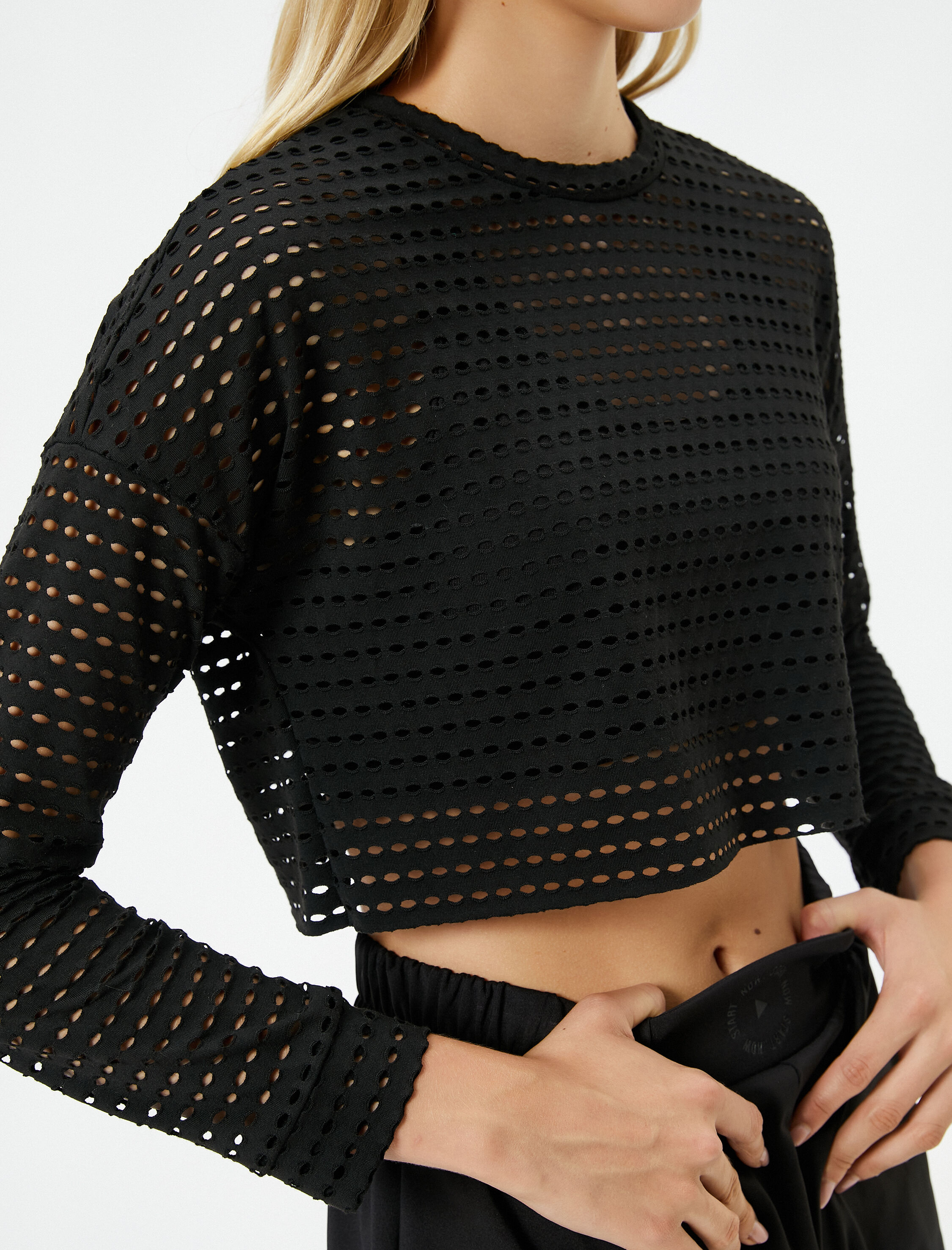   Crop Tişört Spor Uzun Kollu File Bisiklet Yaka