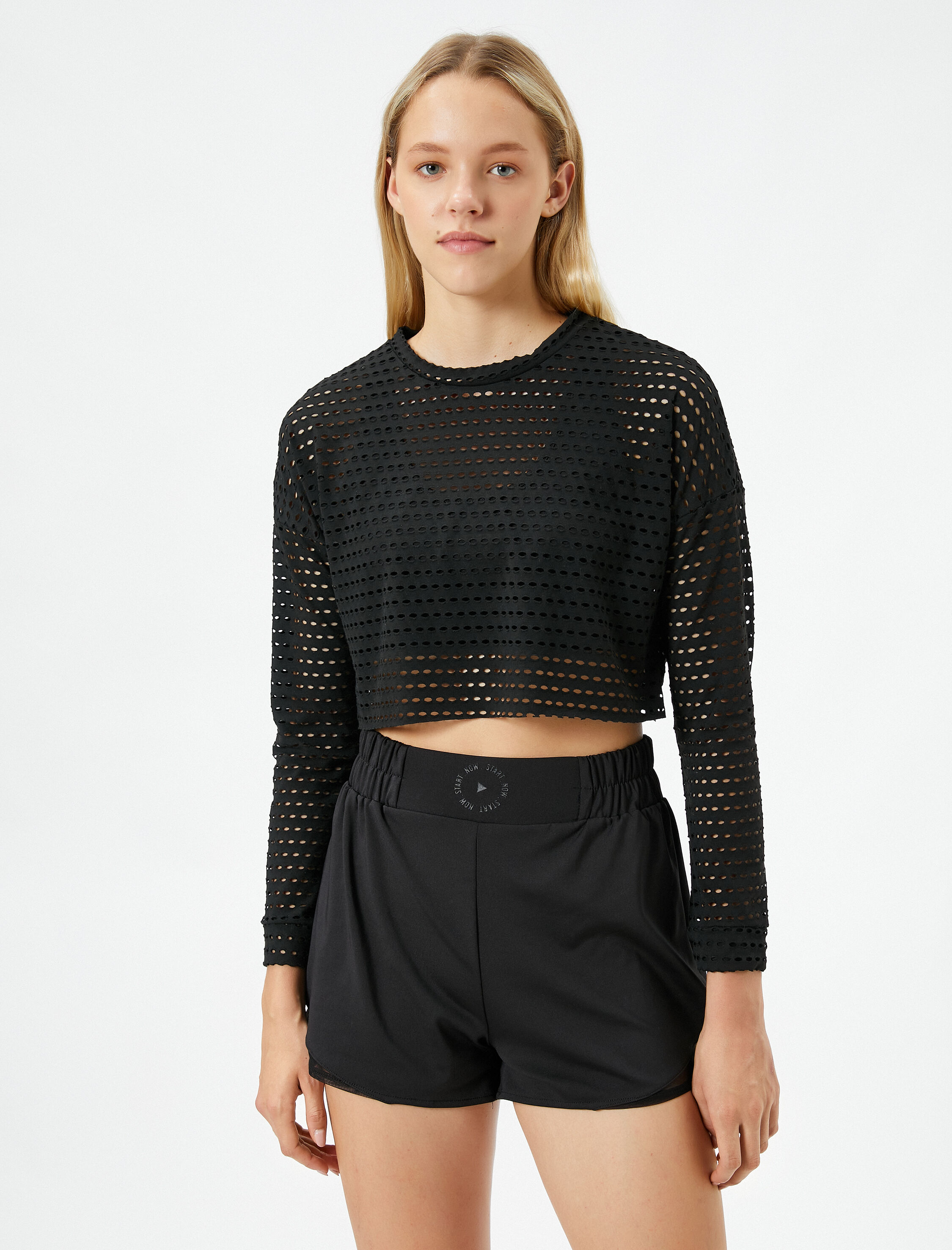   Crop Tişört Spor Uzun Kollu File Bisiklet Yaka