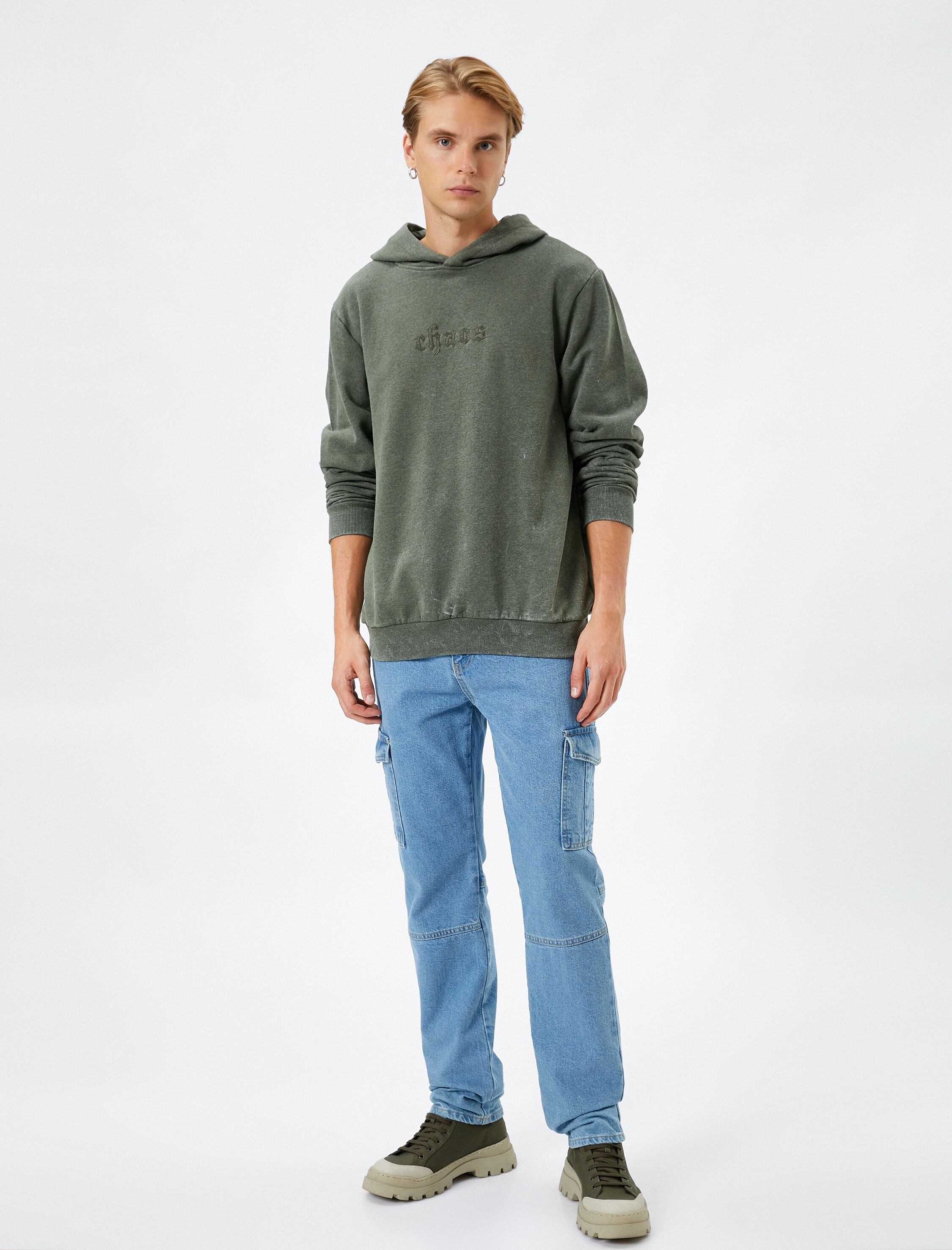   Kapşonlu Sweatshirt Slogan İşlemeli Ribanalı Uzun Kollu Şardonlu