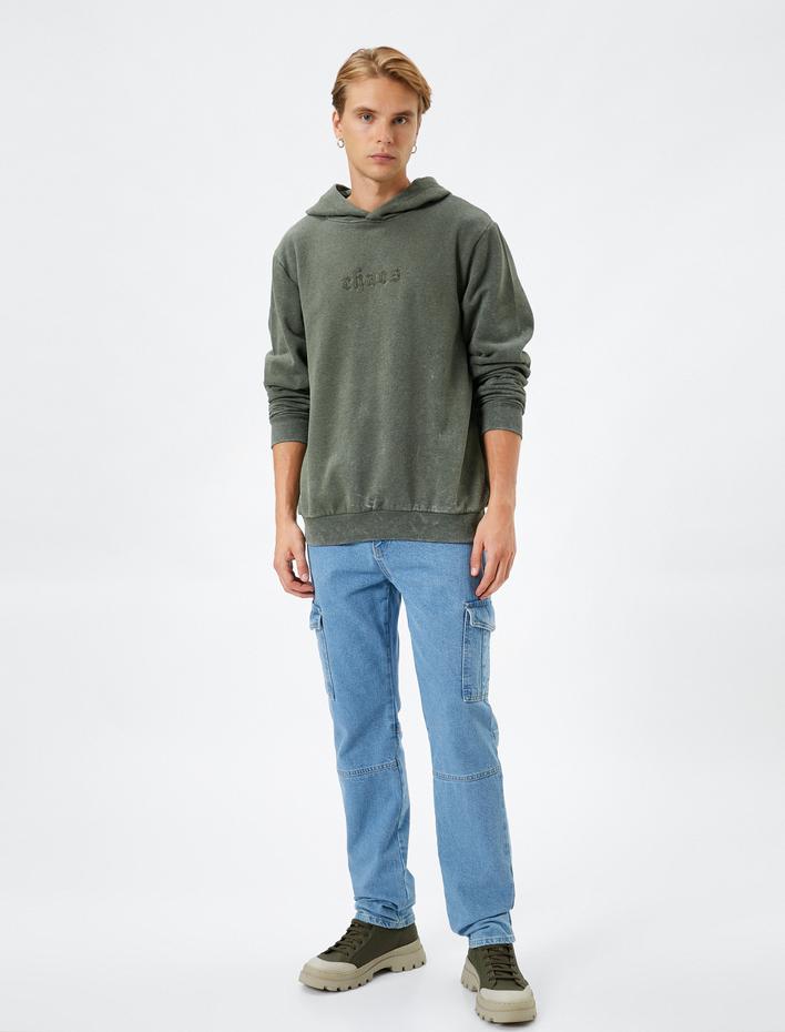  Kapşonlu Sweatshirt Slogan İşlemeli Ribanalı Uzun Kollu Şardonlu