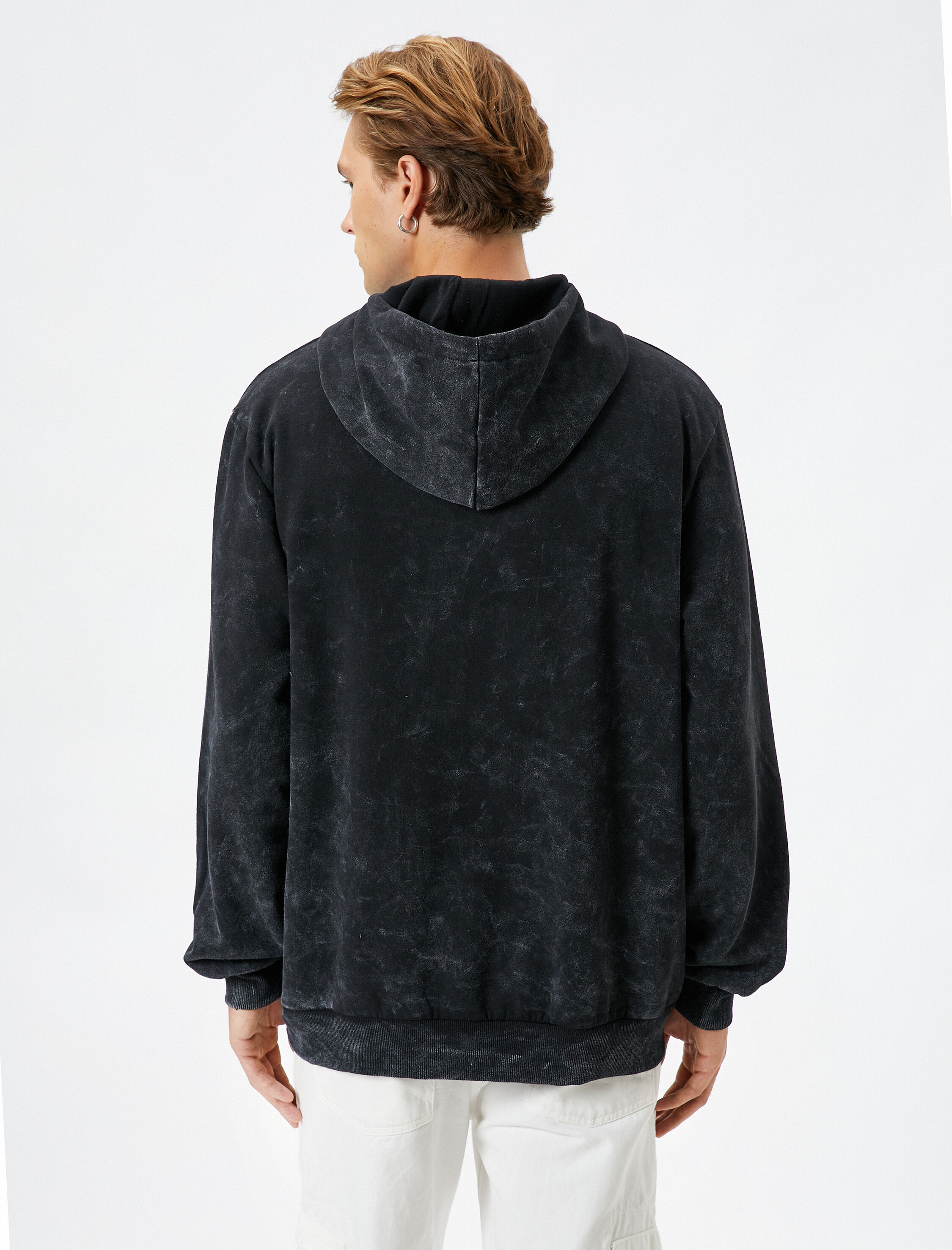   Kapşonlu Sweatshirt Yıkamalı Slogan İşlemeli Ribanalı Şardonlu