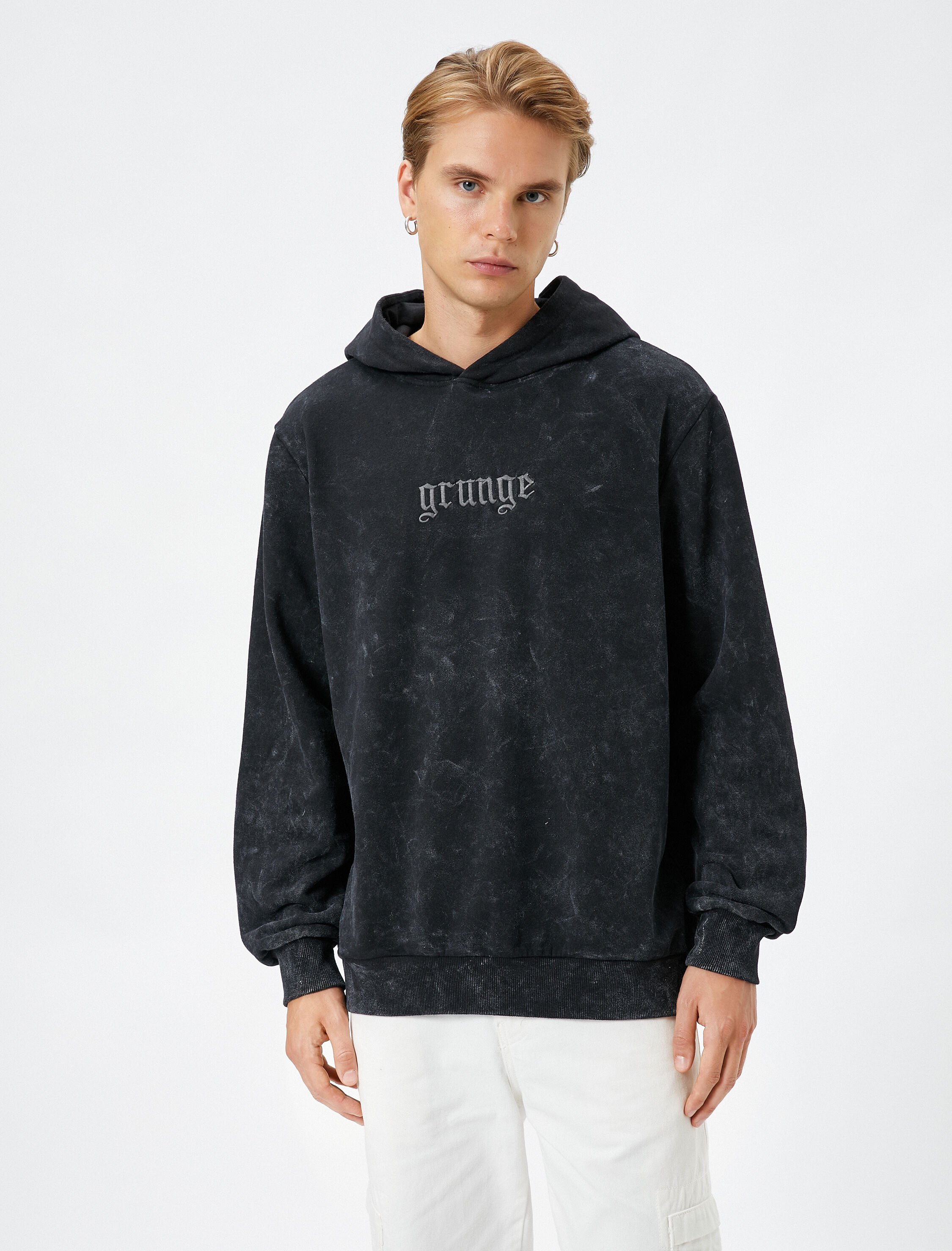   Kapşonlu Sweatshirt Yıkamalı Slogan İşlemeli Ribanalı Şardonlu