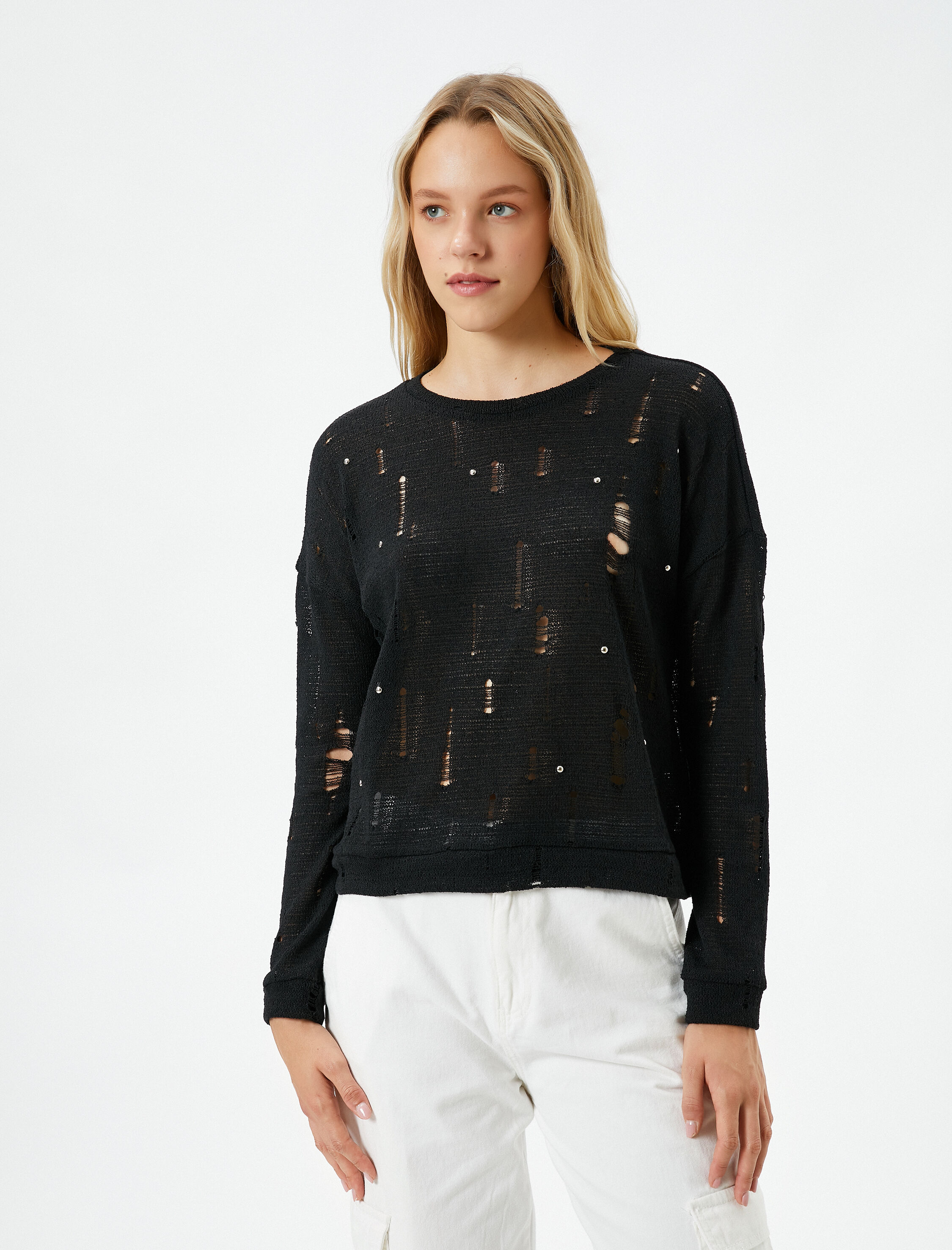   Uzun Kollu Tişört Yırtık Detaylı Bisiklet Yaka