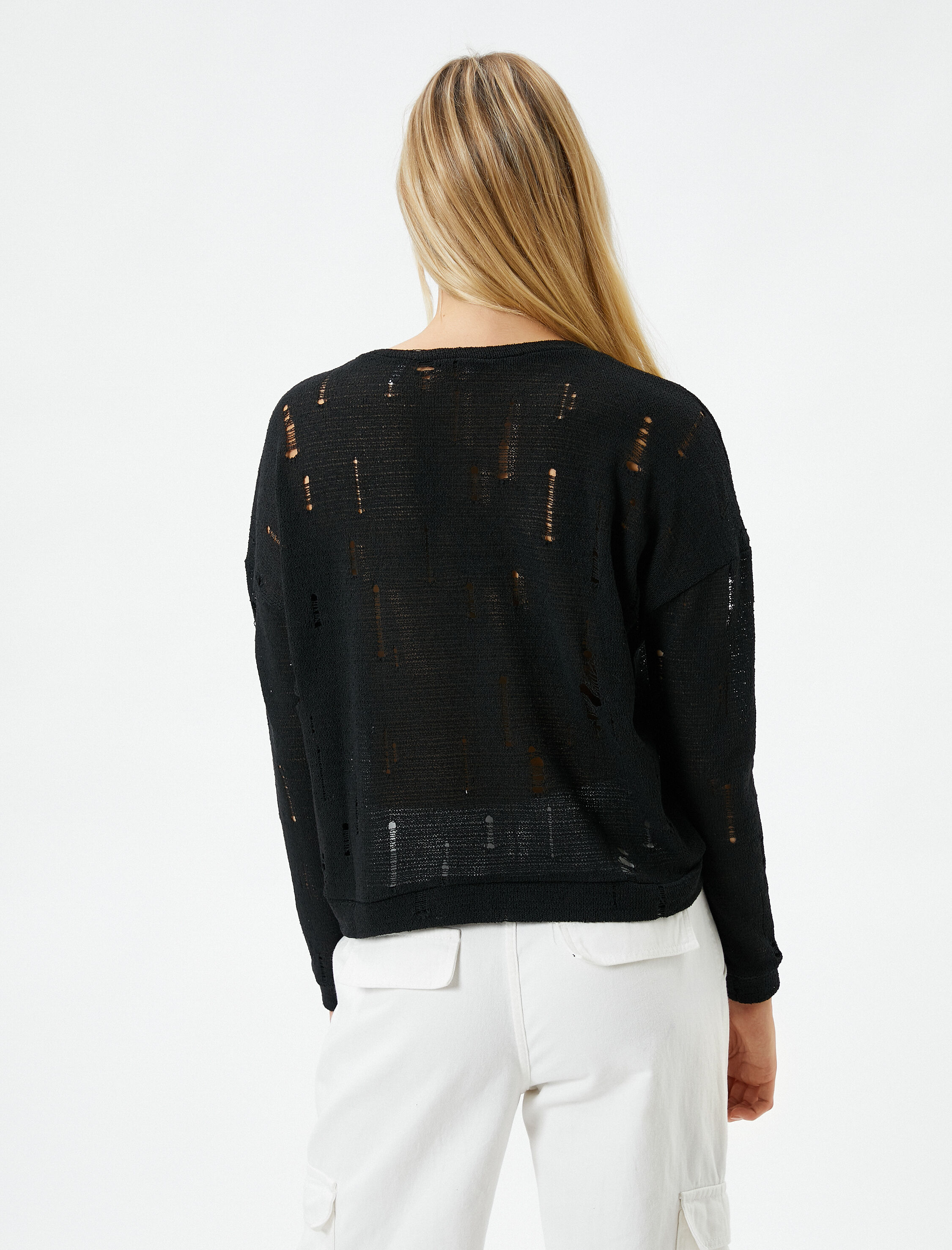   Uzun Kollu Tişört Yırtık Detaylı Bisiklet Yaka