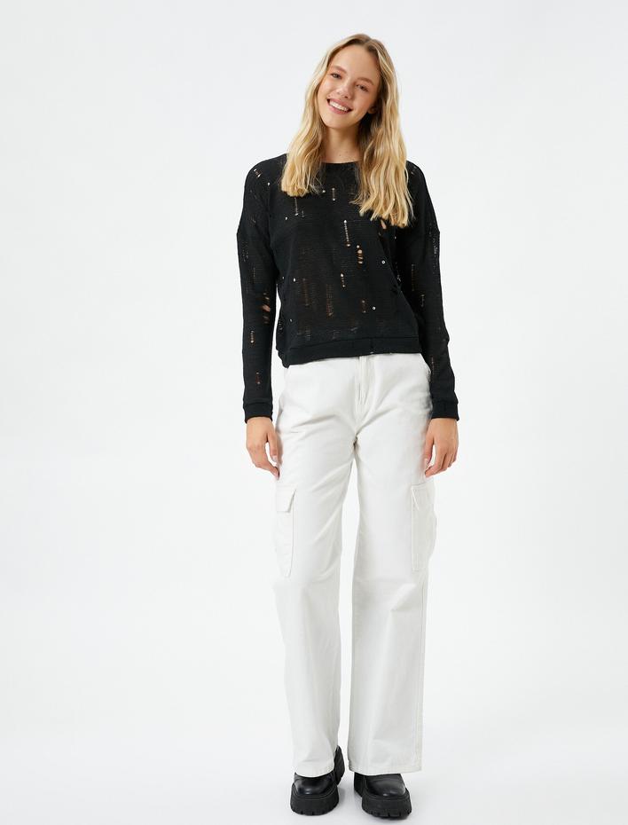  Uzun Kollu Tişört Yırtık Detaylı Bisiklet Yaka