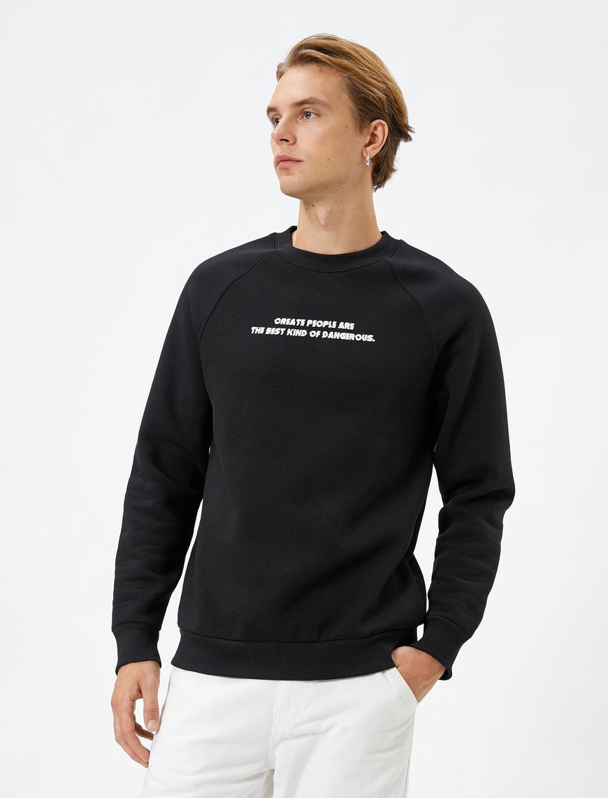   Slogan Baskılı Sweatshirt Reglan Kol Bisiklet Yaka Ribanalı Şardonlu
