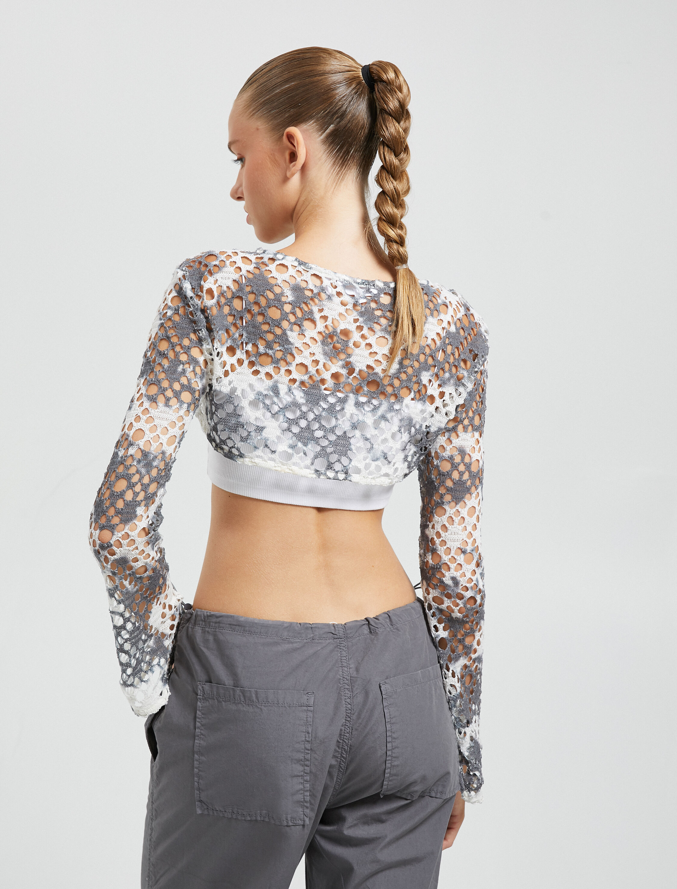   Ajurlu Kroşe Bolero Tişört Uzun Kollu Bisiklet Yaka Batik Görünümlü