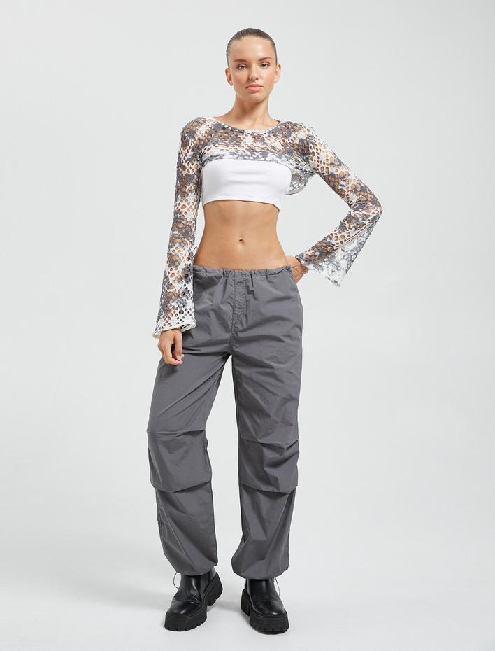  Ajurlu Kroşe Bolero Tişört Uzun Kollu Bisiklet Yaka Batik Görünümlü