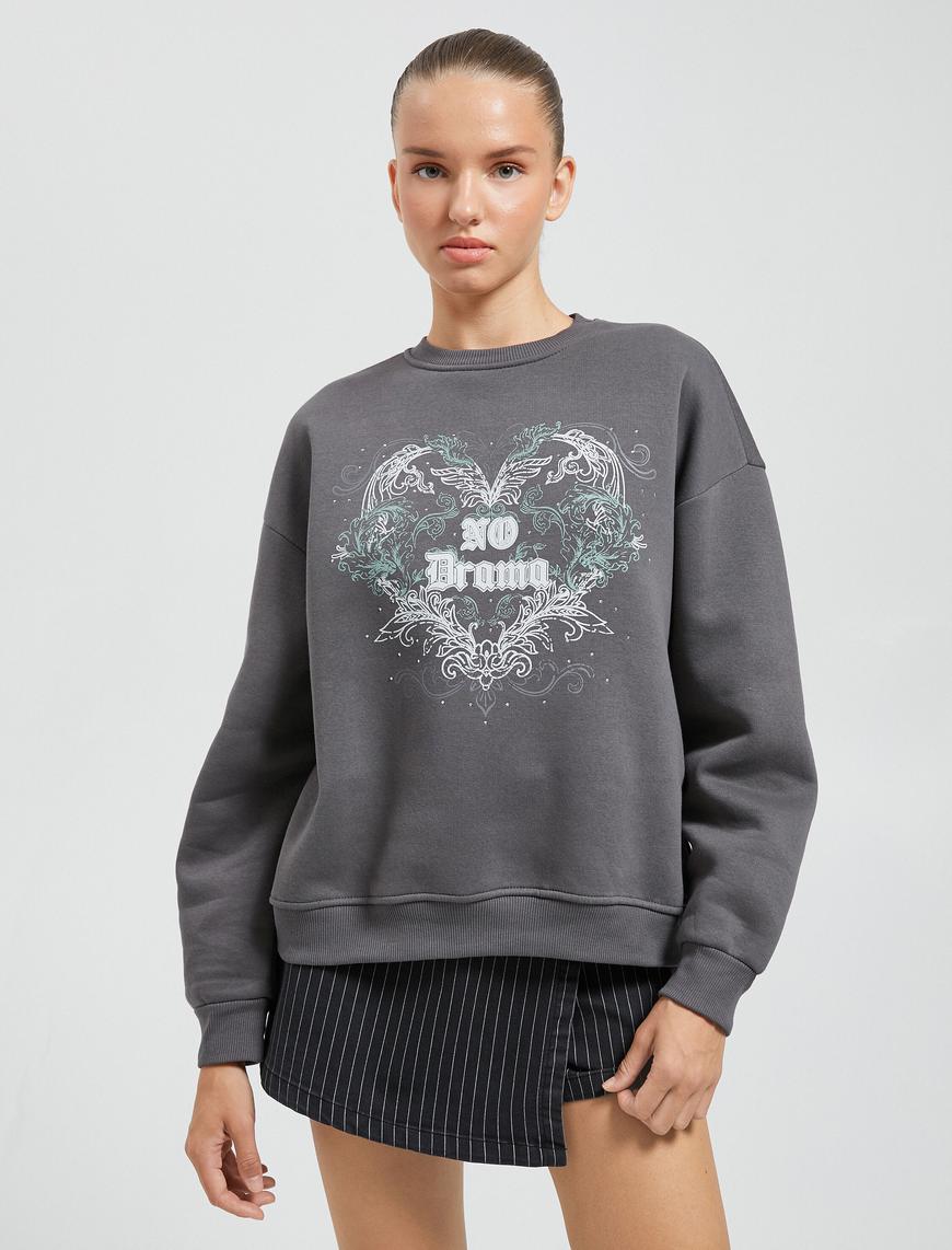   Baskılı Sweatshirt Bisiklet Yaka Relax Fit Uzun Kollu Ribanalı