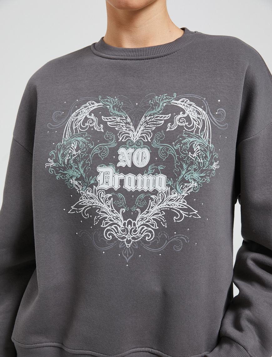   Baskılı Sweatshirt Bisiklet Yaka Relax Fit Uzun Kollu Ribanalı