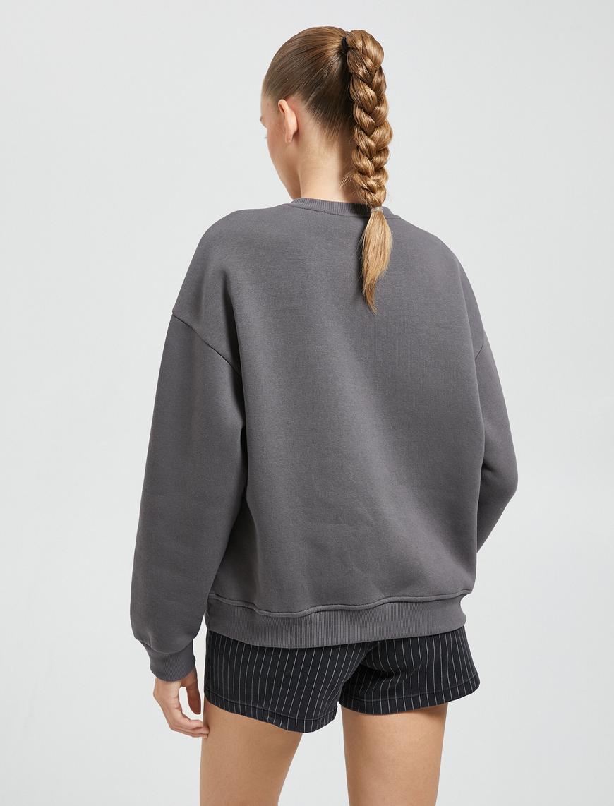   Baskılı Sweatshirt Bisiklet Yaka Relax Fit Uzun Kollu Ribanalı
