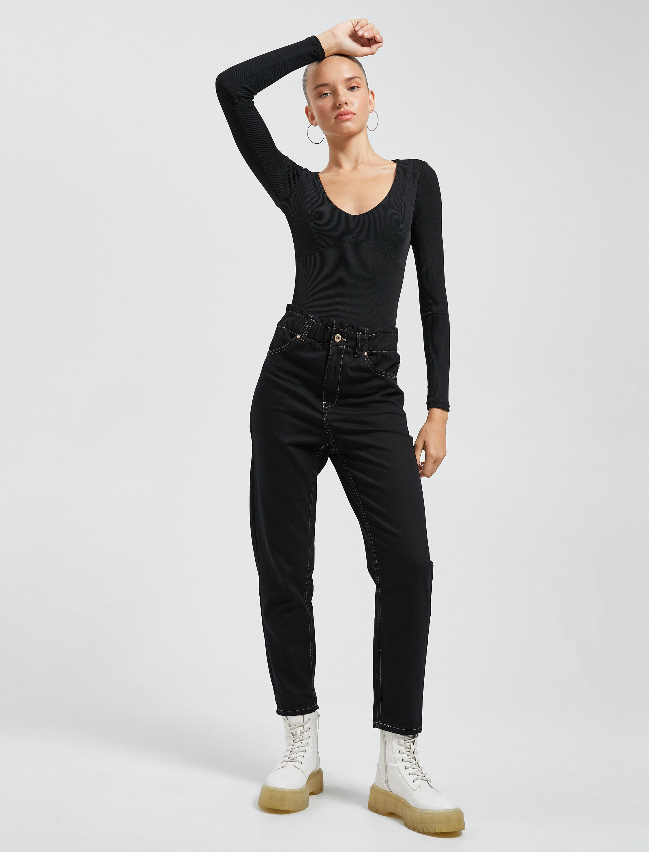   Gabardin Pantolon Lastikli Yüksek Bel Cep Detaylı Daralan Paça