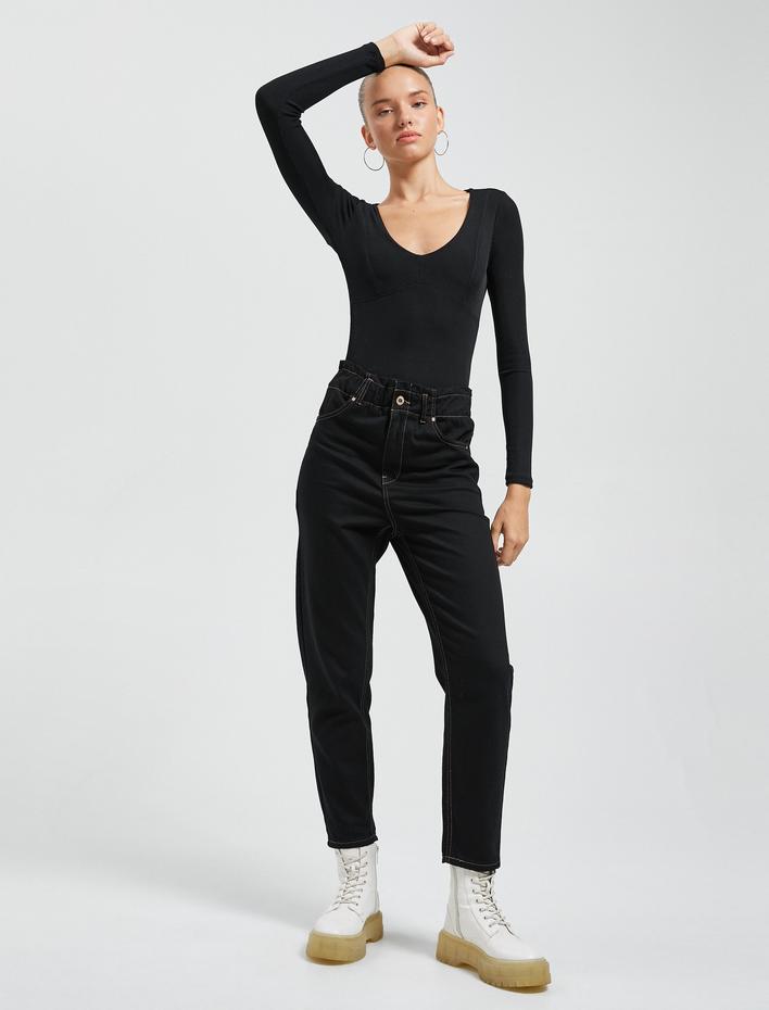  Gabardin Pantolon Lastikli Yüksek Bel Cep Detaylı Daralan Paça