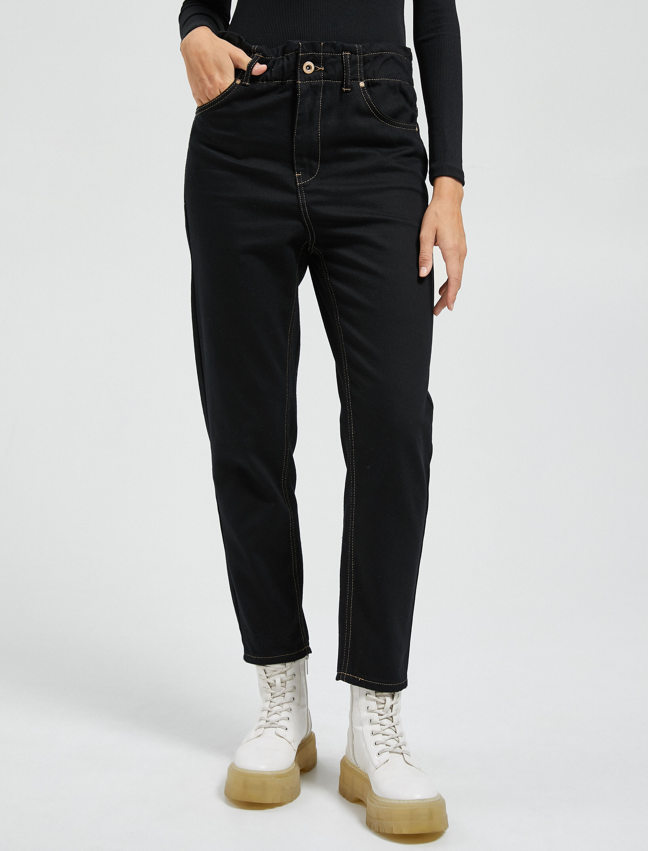   Gabardin Pantolon Lastikli Yüksek Bel Cep Detaylı Daralan Paça