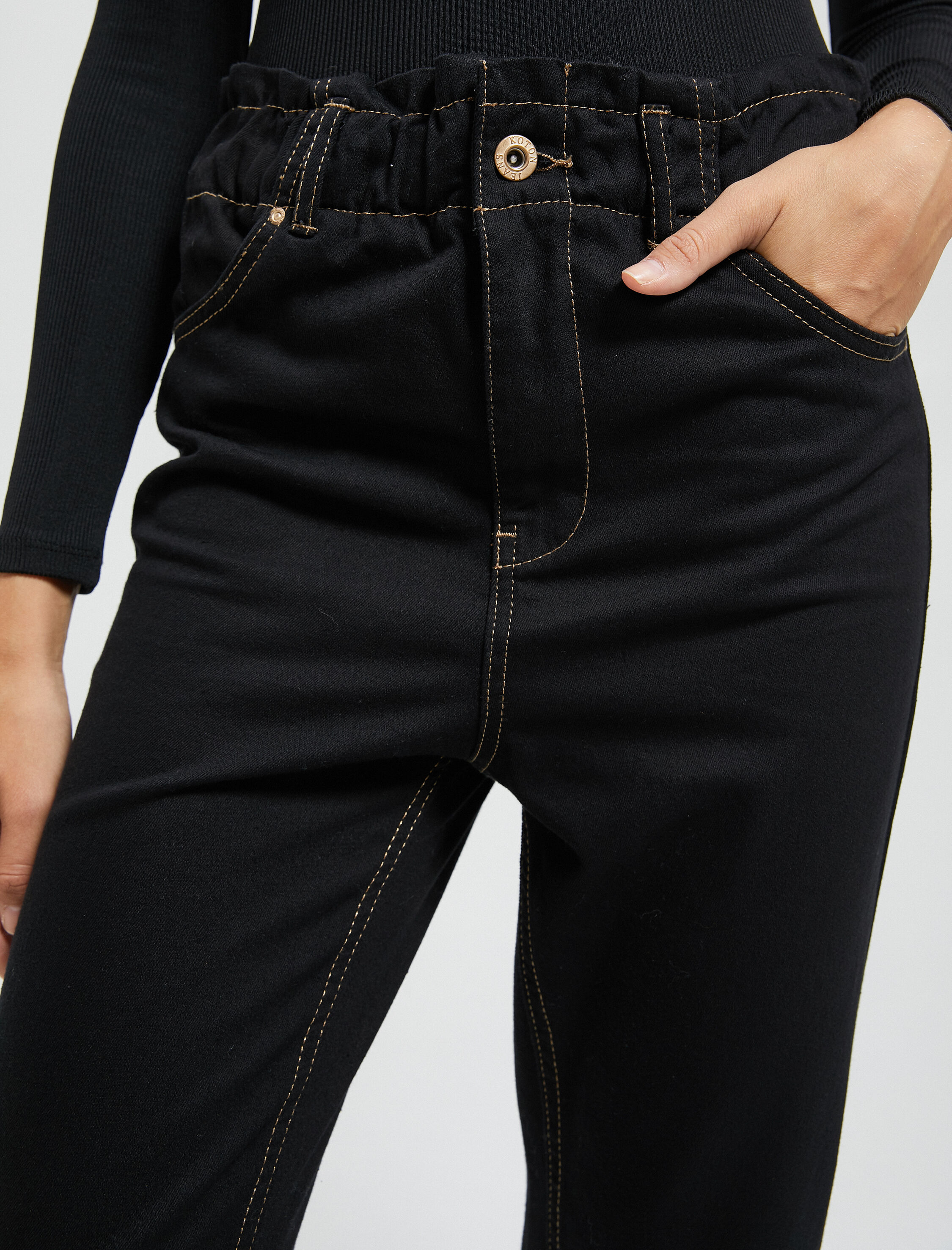   Gabardin Pantolon Lastikli Yüksek Bel Cep Detaylı Daralan Paça