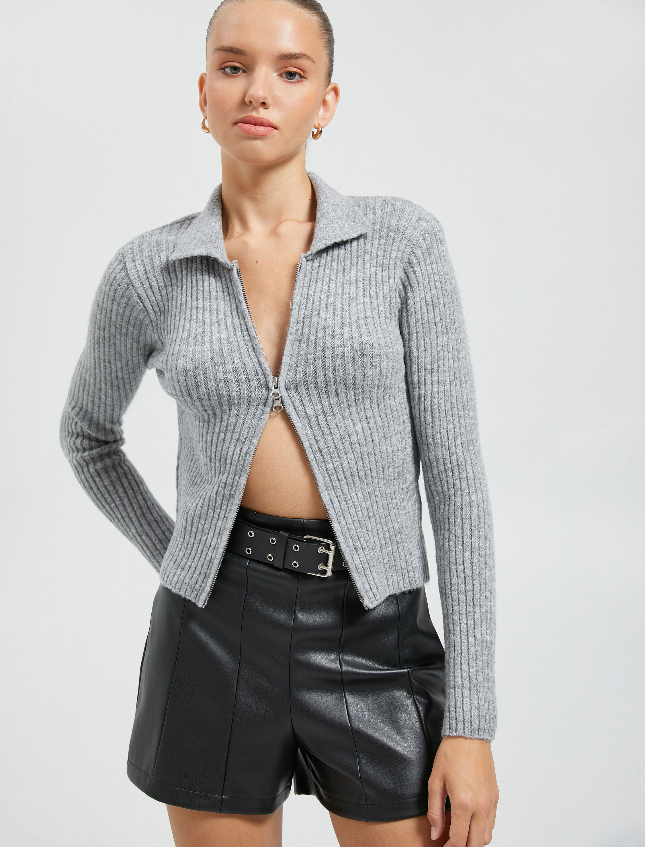   Fermuarlı Triko Hırka Fitilli Gömlek Yaka Uzun Kollu