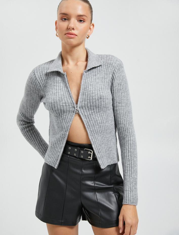  Fermuarlı Triko Hırka Fitilli Gömlek Yaka Uzun Kollu