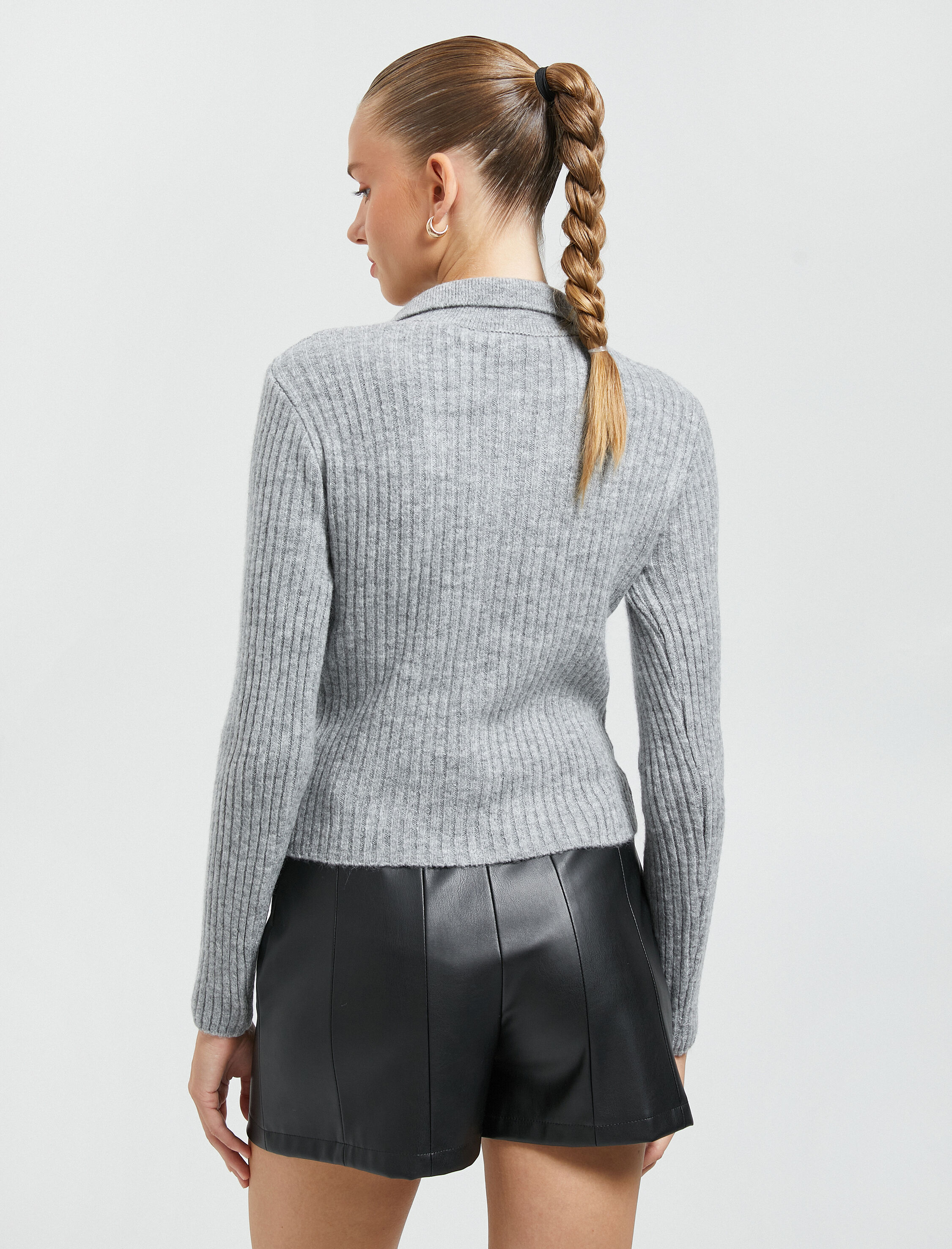   Fermuarlı Triko Hırka Fitilli Gömlek Yaka Uzun Kollu