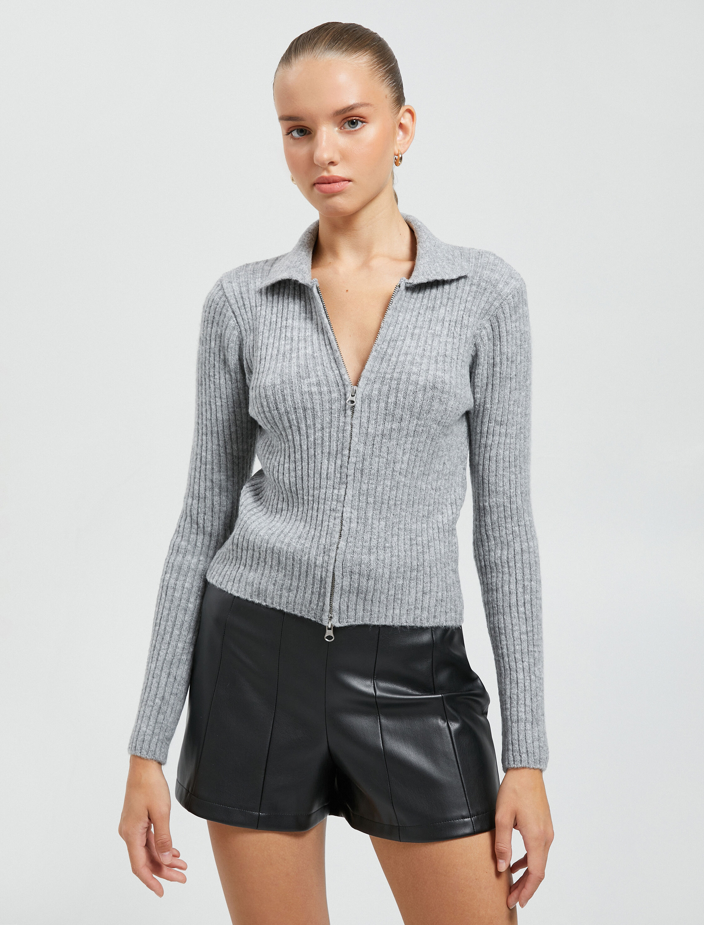   Fermuarlı Triko Hırka Fitilli Gömlek Yaka Uzun Kollu