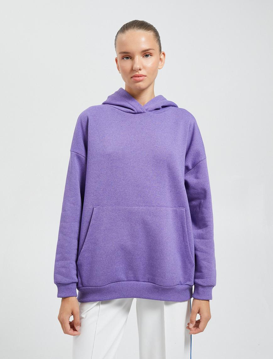   Oversize Sweatshirt Kapüşonlu Şardonlu Kanguru Cepli Ribanalı