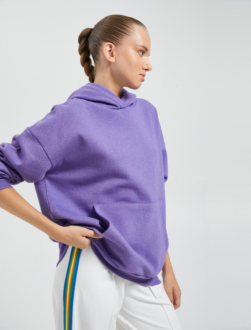   Oversize Sweatshirt Kapüşonlu Şardonlu Kanguru Cepli Ribanalı