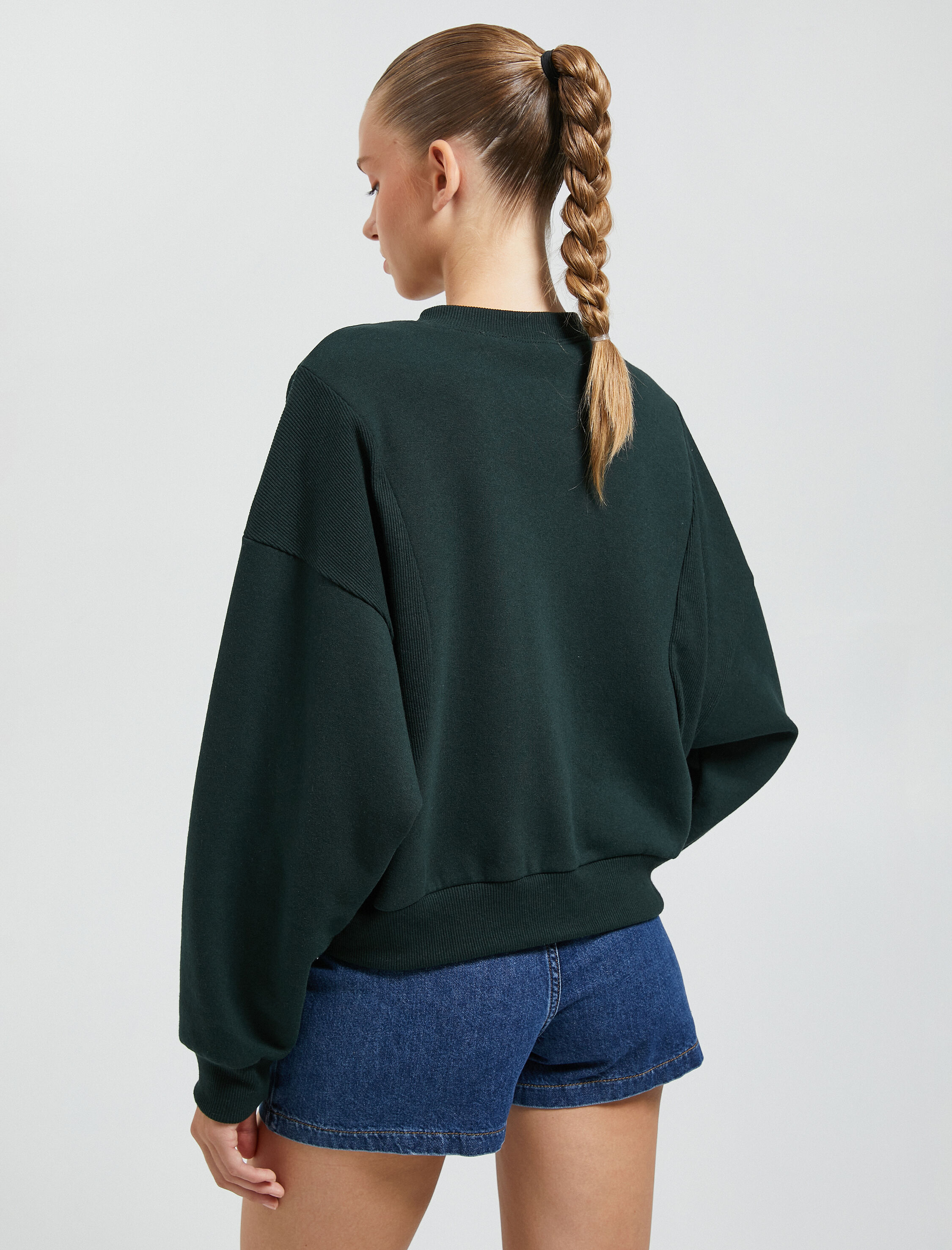   Şardonlu Bisiklet Yaka Sweatshirt Reglan Kollu Ribanalı