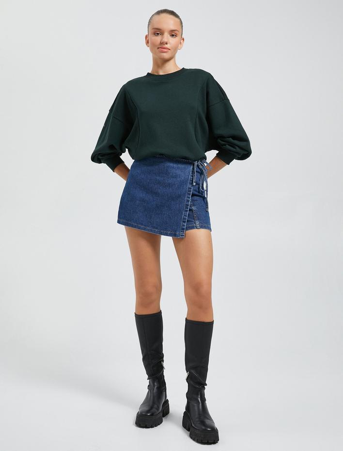  Şardonlu Bisiklet Yaka Sweatshirt Reglan Kollu Ribanalı