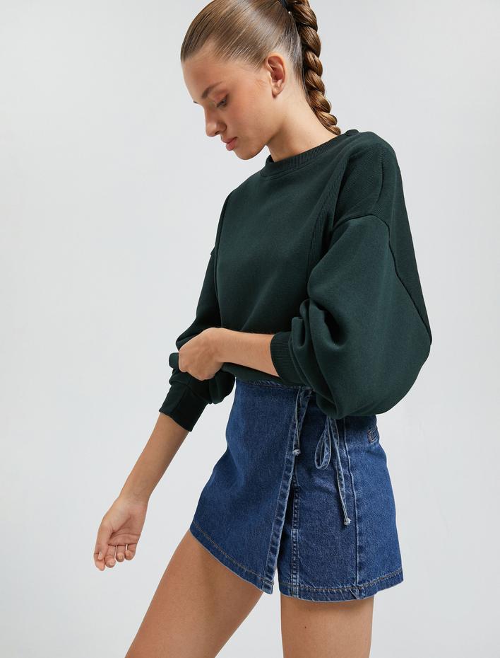  Şardonlu Bisiklet Yaka Sweatshirt Reglan Kollu Ribanalı