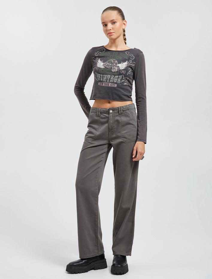  Uzun Kollu Tişört Yıkamalı Baskılı Bisiklet Yaka