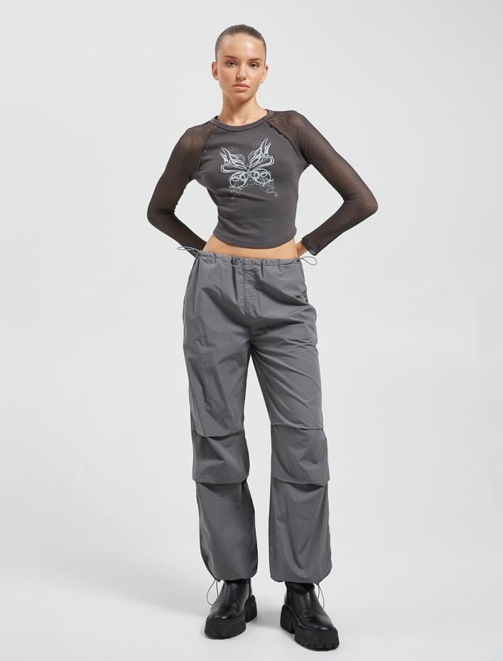  Uzun Kollu Tişört File Detaylı Bisiklet Yaka Kelebek Baskılı