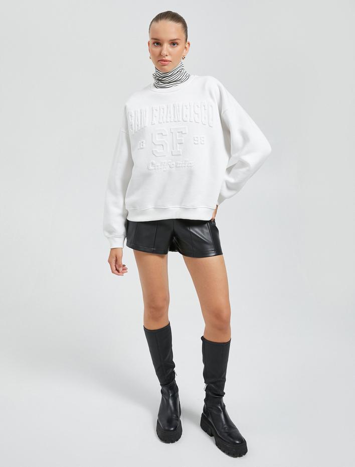  Şardonlu Bisiklet Yaka Sweatshirt Relax Fit İşleme Detaylı