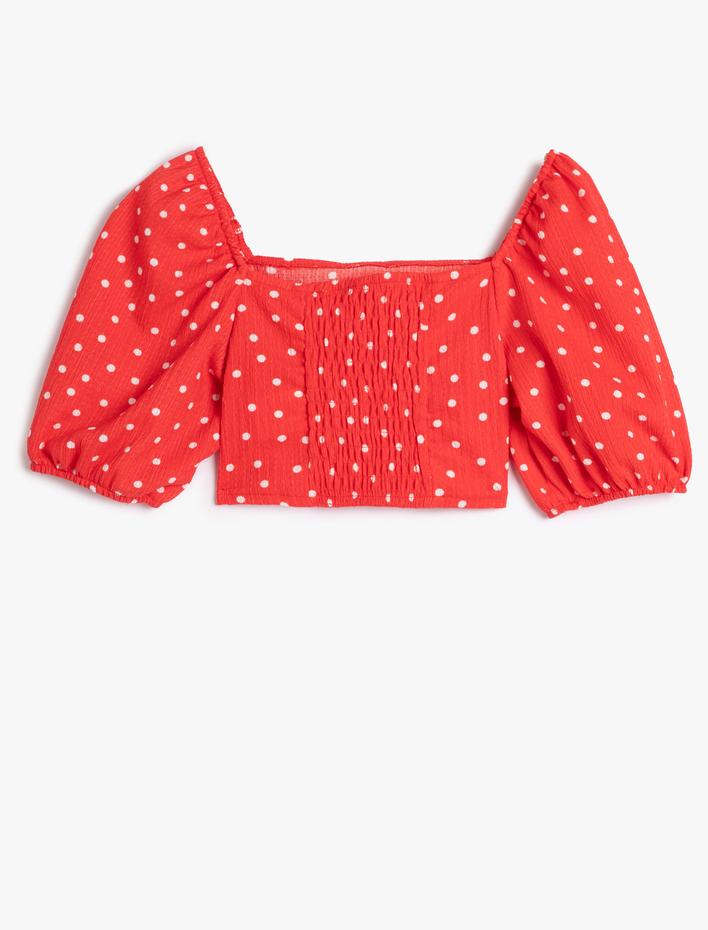 Kız Çocuk Balon Kollu Crop Bluz Puantiyeli Dar Kalıp Fiyonk Detaylı