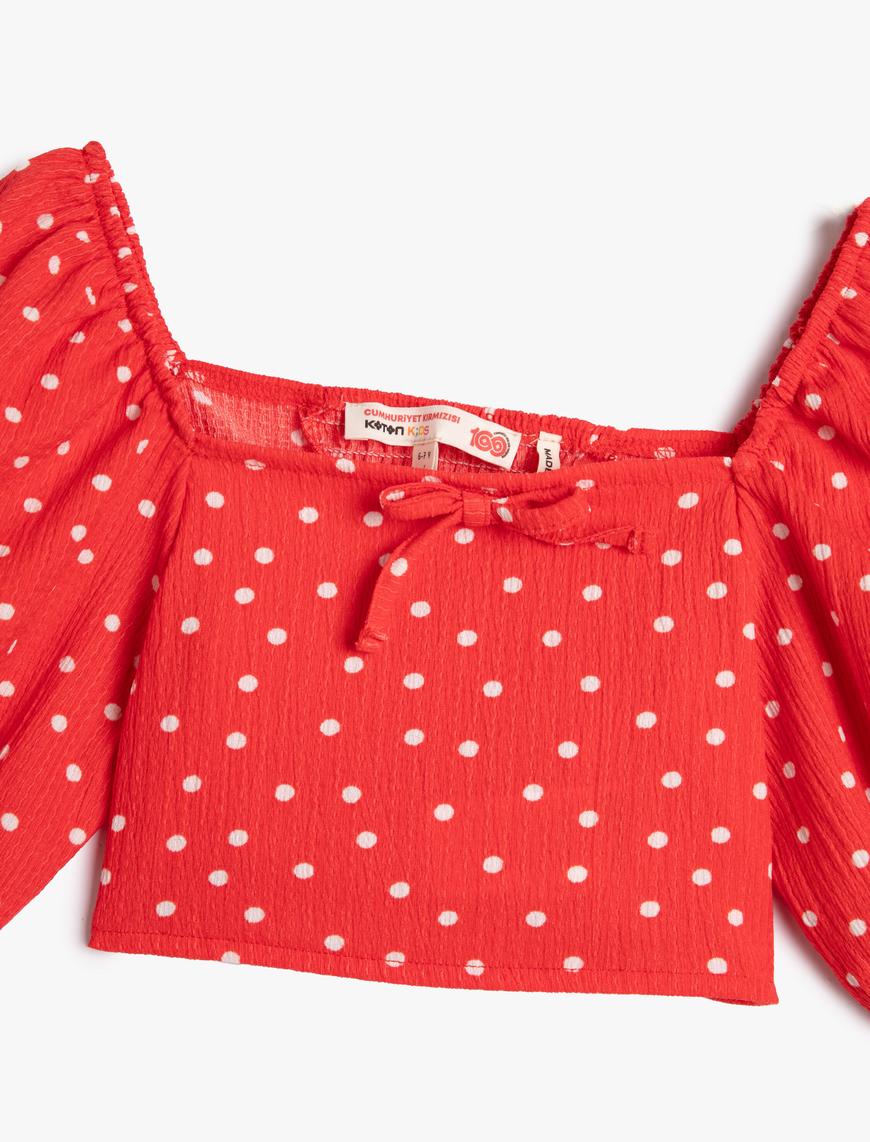  Kız Çocuk Balon Kollu Crop Bluz Puantiyeli Dar Kalıp Fiyonk Detaylı