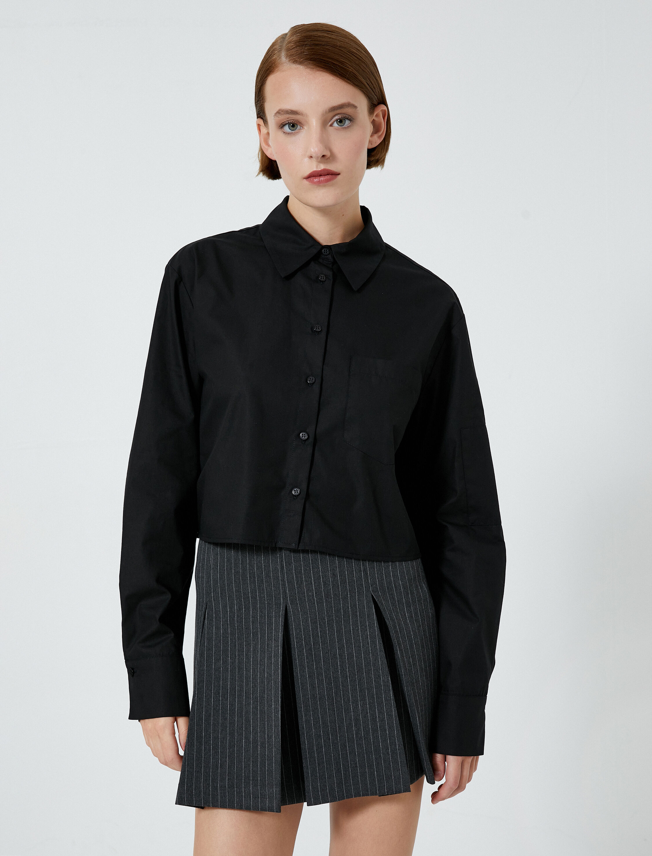   Crop Gömlek Uzun Kollu Cep Detaylı Düğmeli