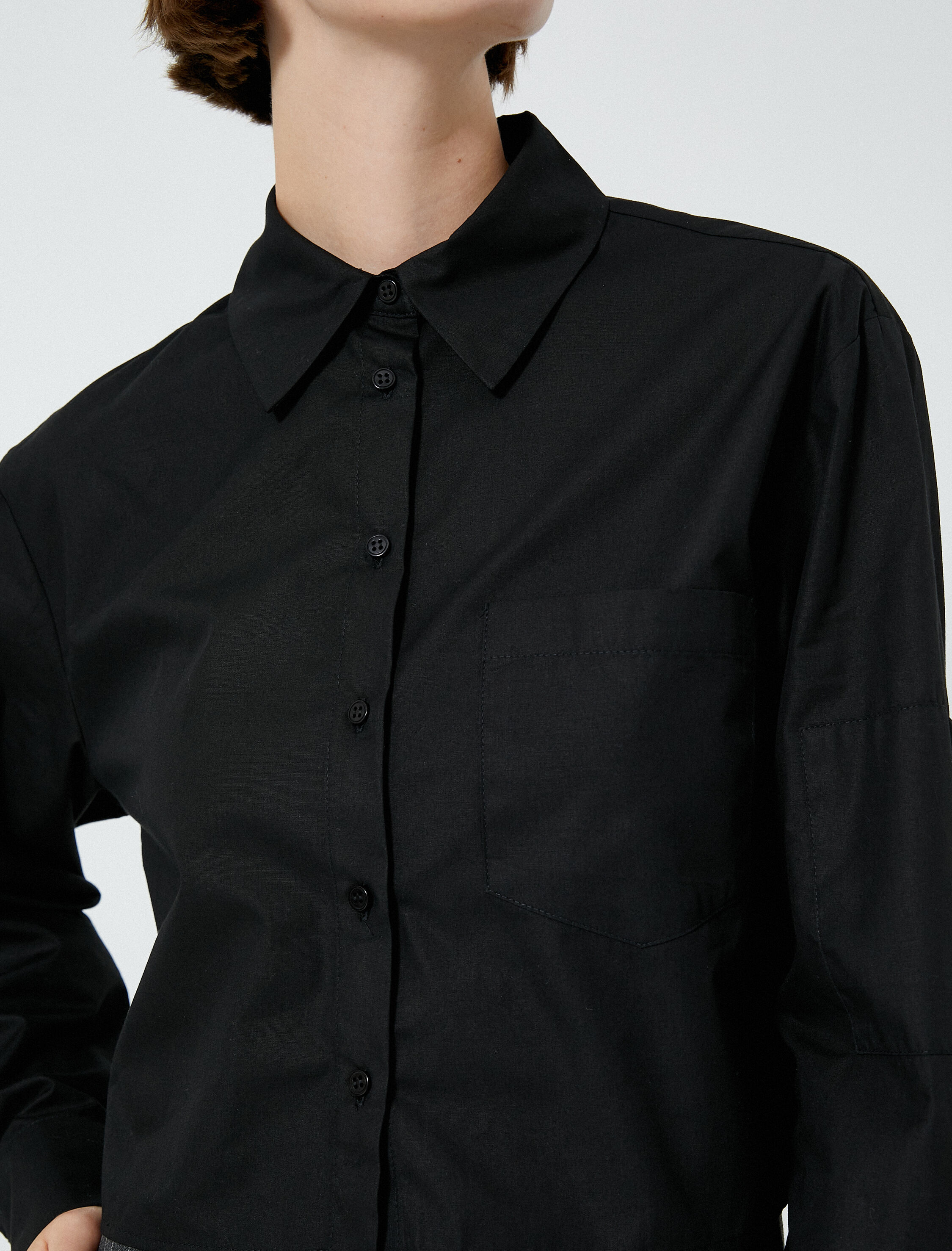   Crop Gömlek Uzun Kollu Cep Detaylı Düğmeli