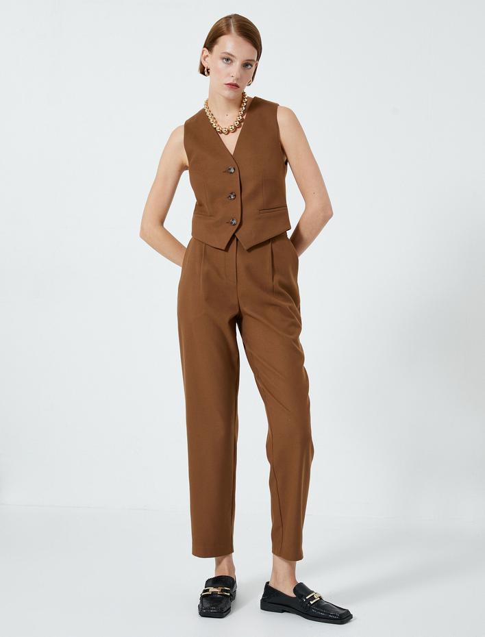  Crop Yelek Düğmeli V Yaka Cep Detaylı